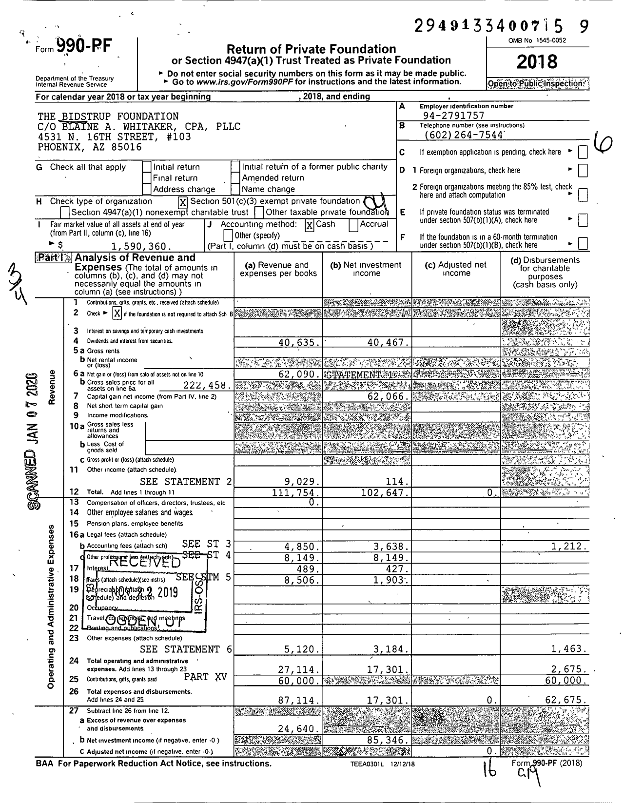 Image of first page of 2018 Form 990PF for The Bidstrup Foundation