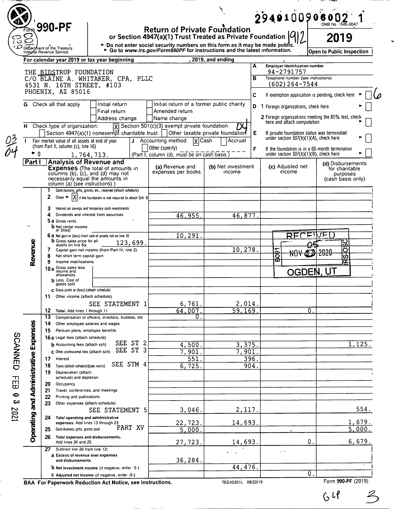 Image of first page of 2019 Form 990PF for The Bidstrup Foundation