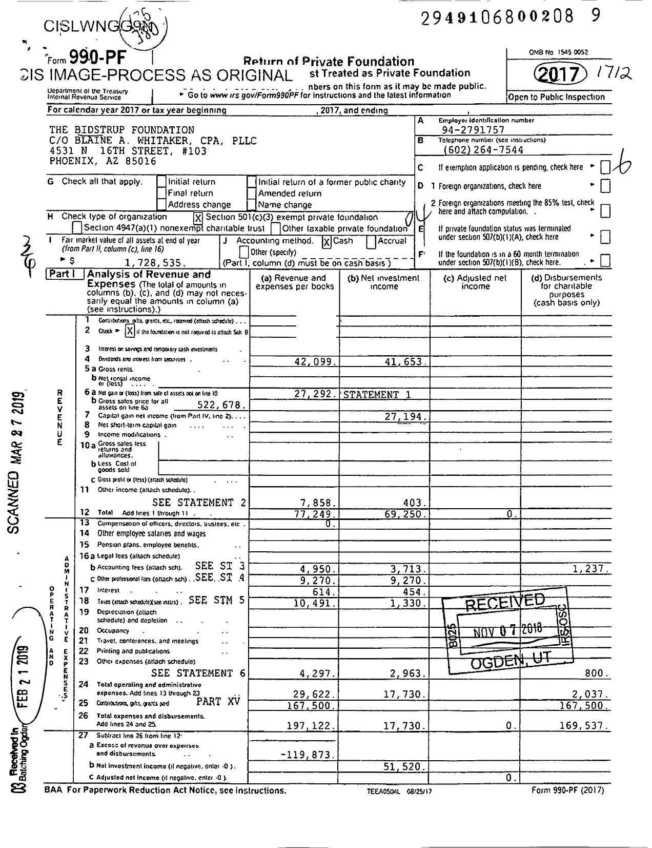 Image of first page of 2017 Form 990PF for The Bidstrup Foundation