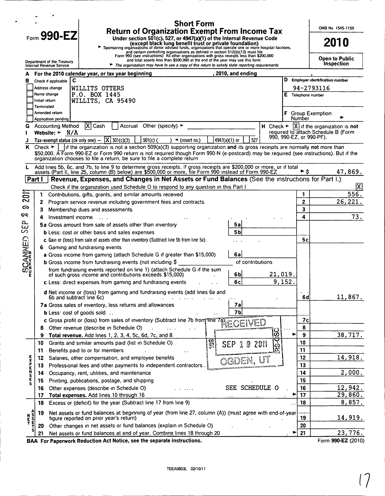 Image of first page of 2010 Form 990EZ for Willits Otters