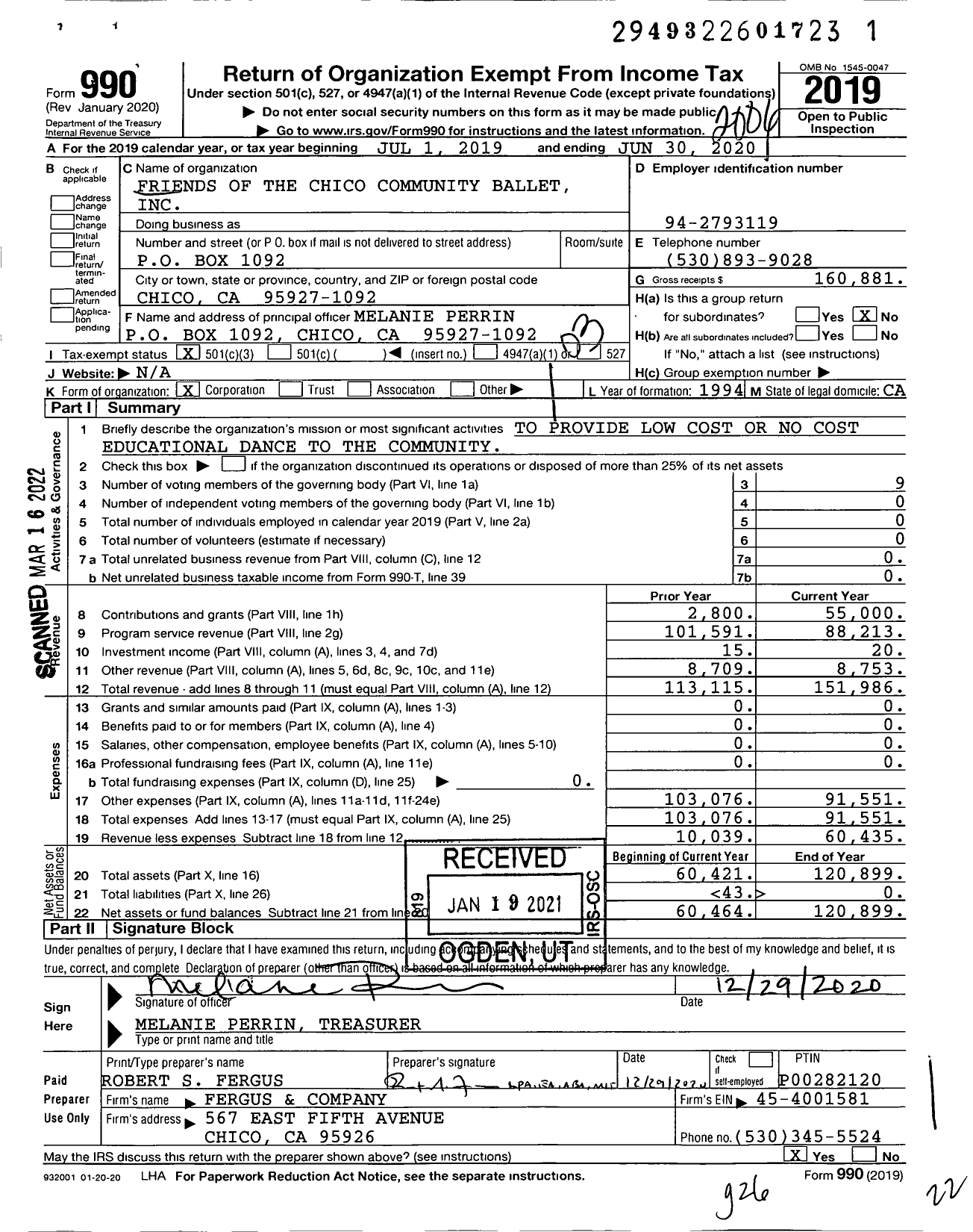 Image of first page of 2019 Form 990 for Friends of the Chico Community Ballet