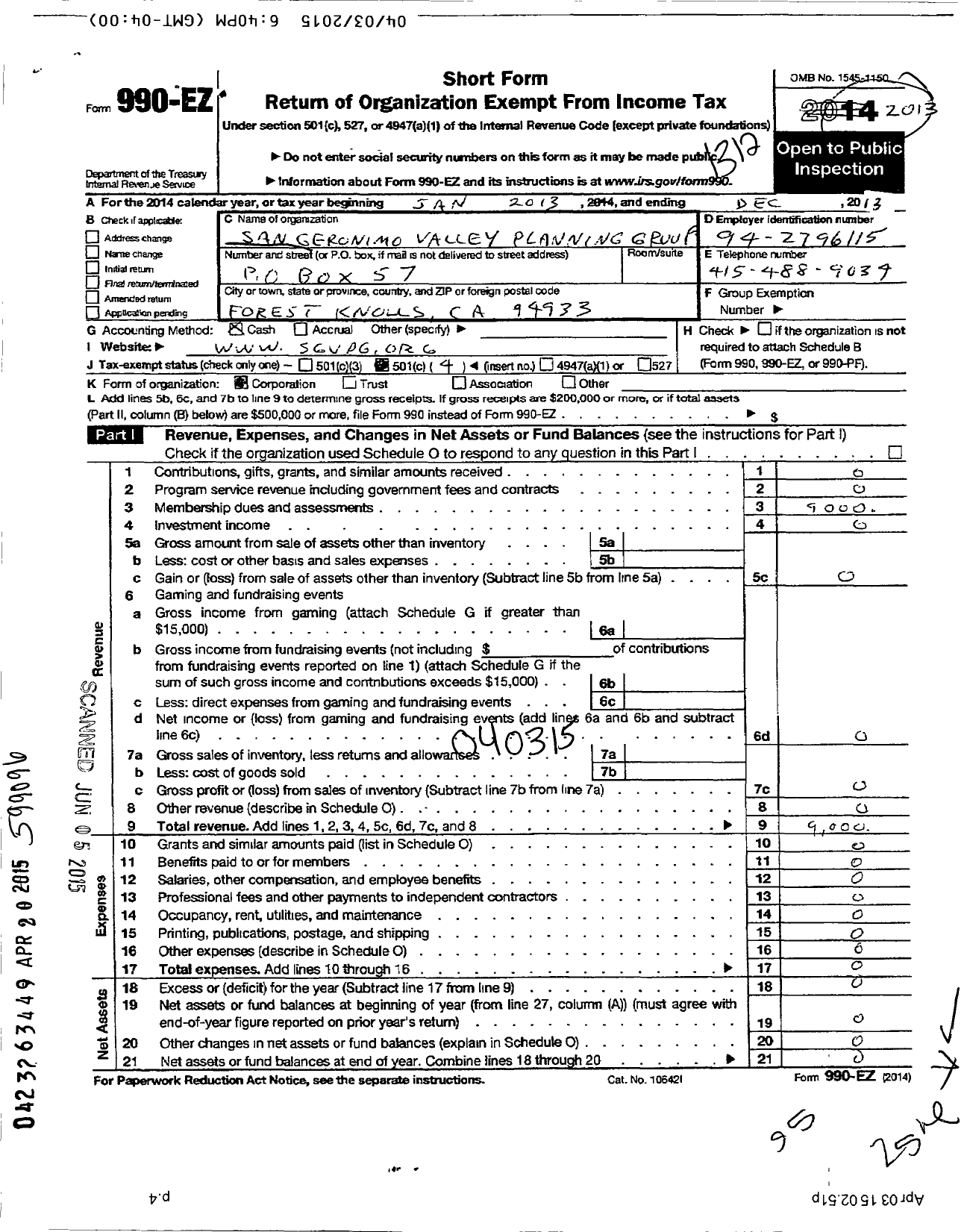 Image of first page of 2013 Form 990EO for San Geronimo Valley Planning Group