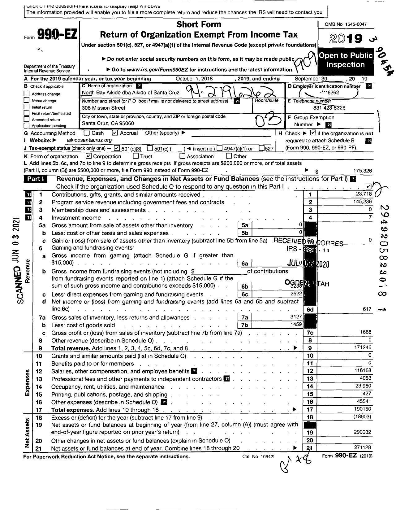 Image of first page of 2018 Form 990EZ for North Bay Aikido