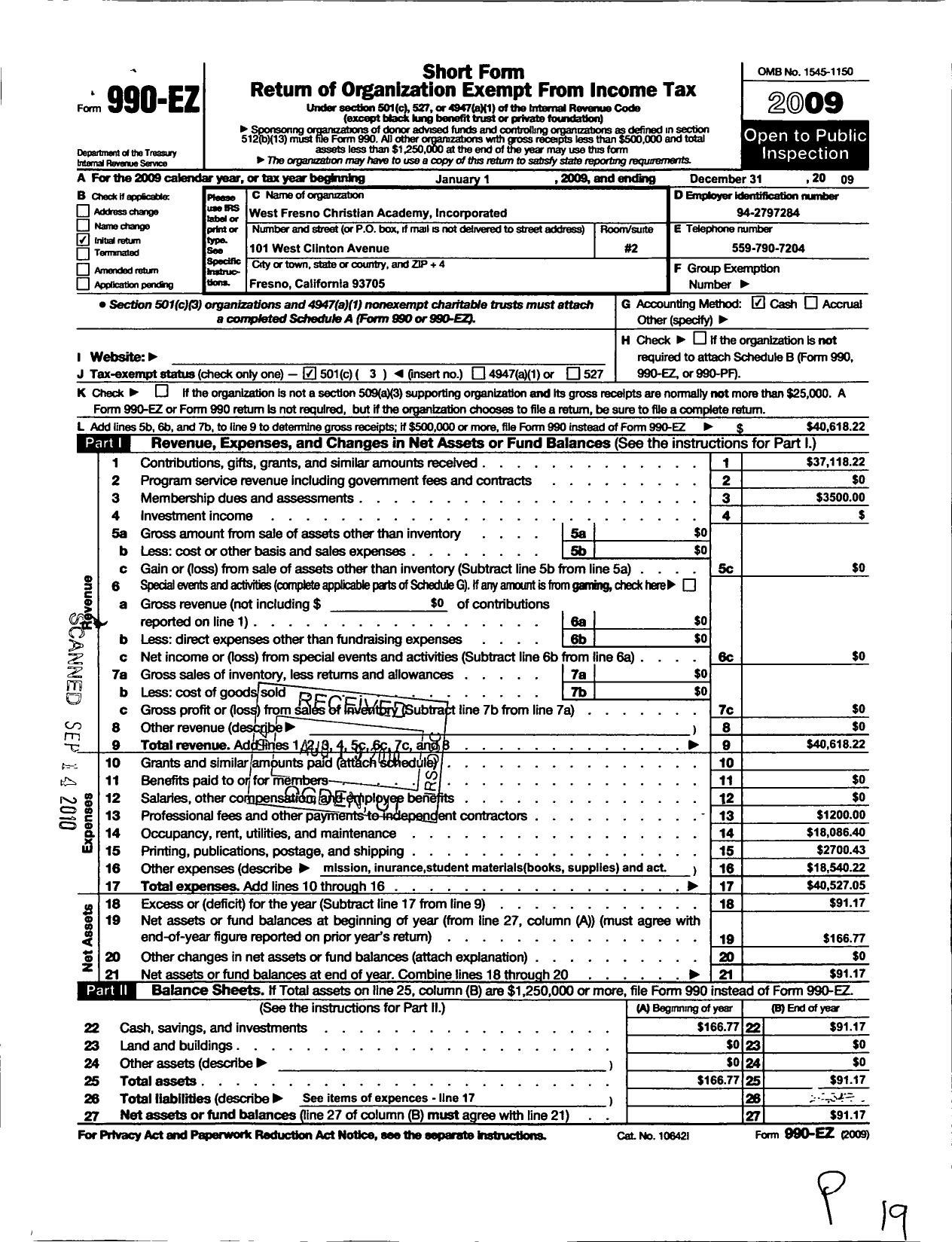 Image of first page of 2009 Form 990EZ for West Fresno Christian Academy Incorporated