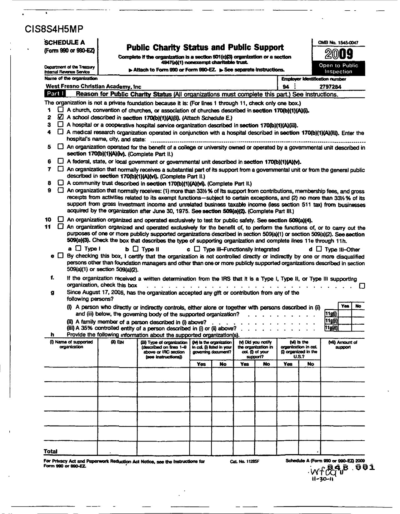 Image of first page of 2009 Form 990ER for West Fresno Christian Academy Incorporated