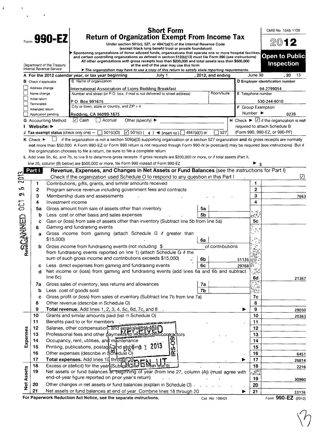 Image of first page of 2012 Form 990EO for International Association of Lions 1970 Redding Breakfast