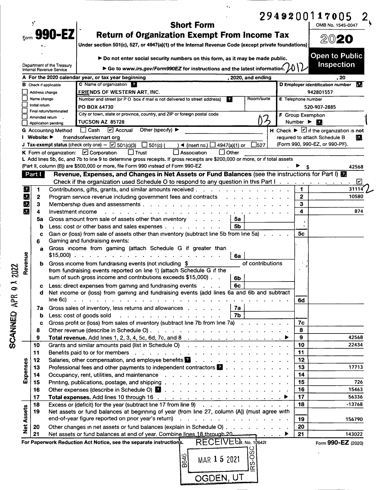 Image of first page of 2020 Form 990EZ for Friends of Western Art