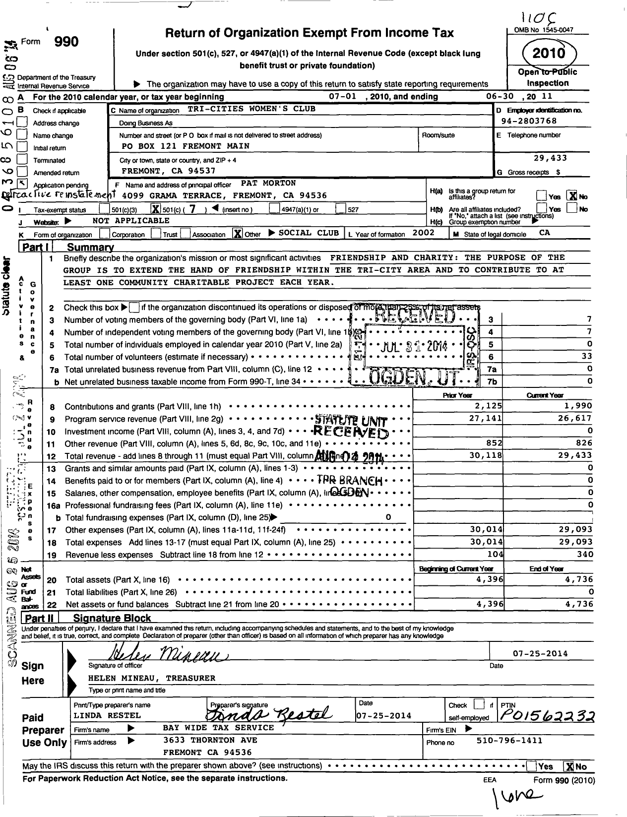 Image of first page of 2010 Form 990O for Tri-Cities Womens Club