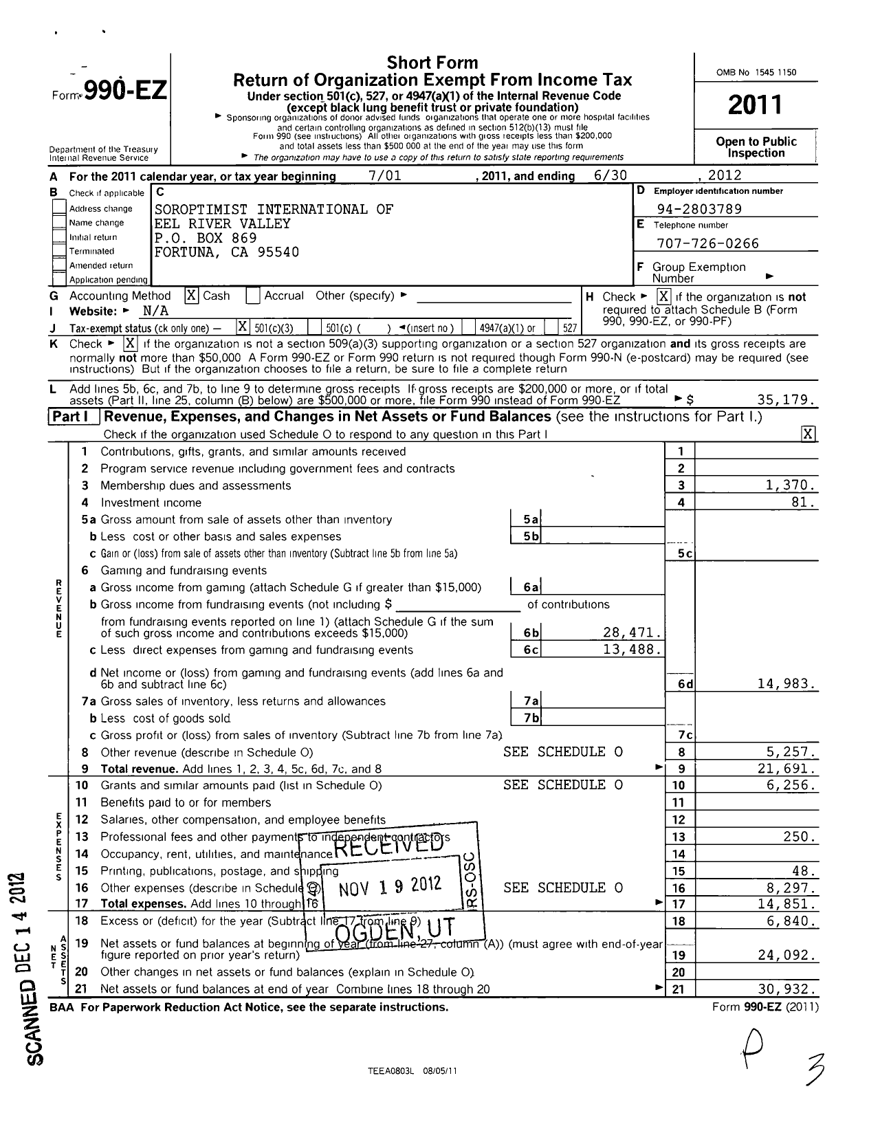 Image of first page of 2011 Form 990EZ for Soroptimist International of the Americas - 115507 Eel River Valley Ca