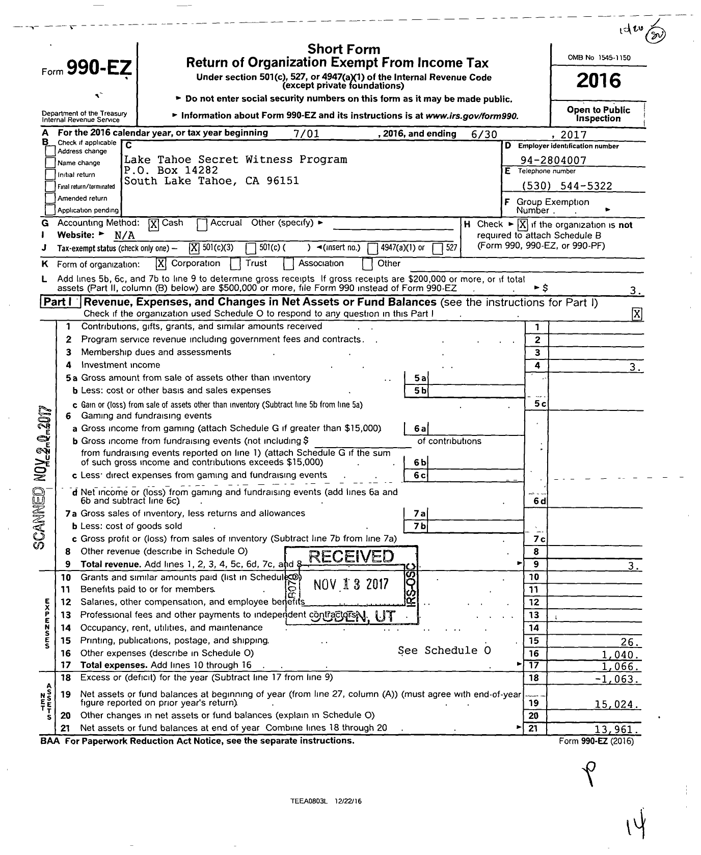 Image of first page of 2016 Form 990EZ for Lake Tahoe Secret Witness Program