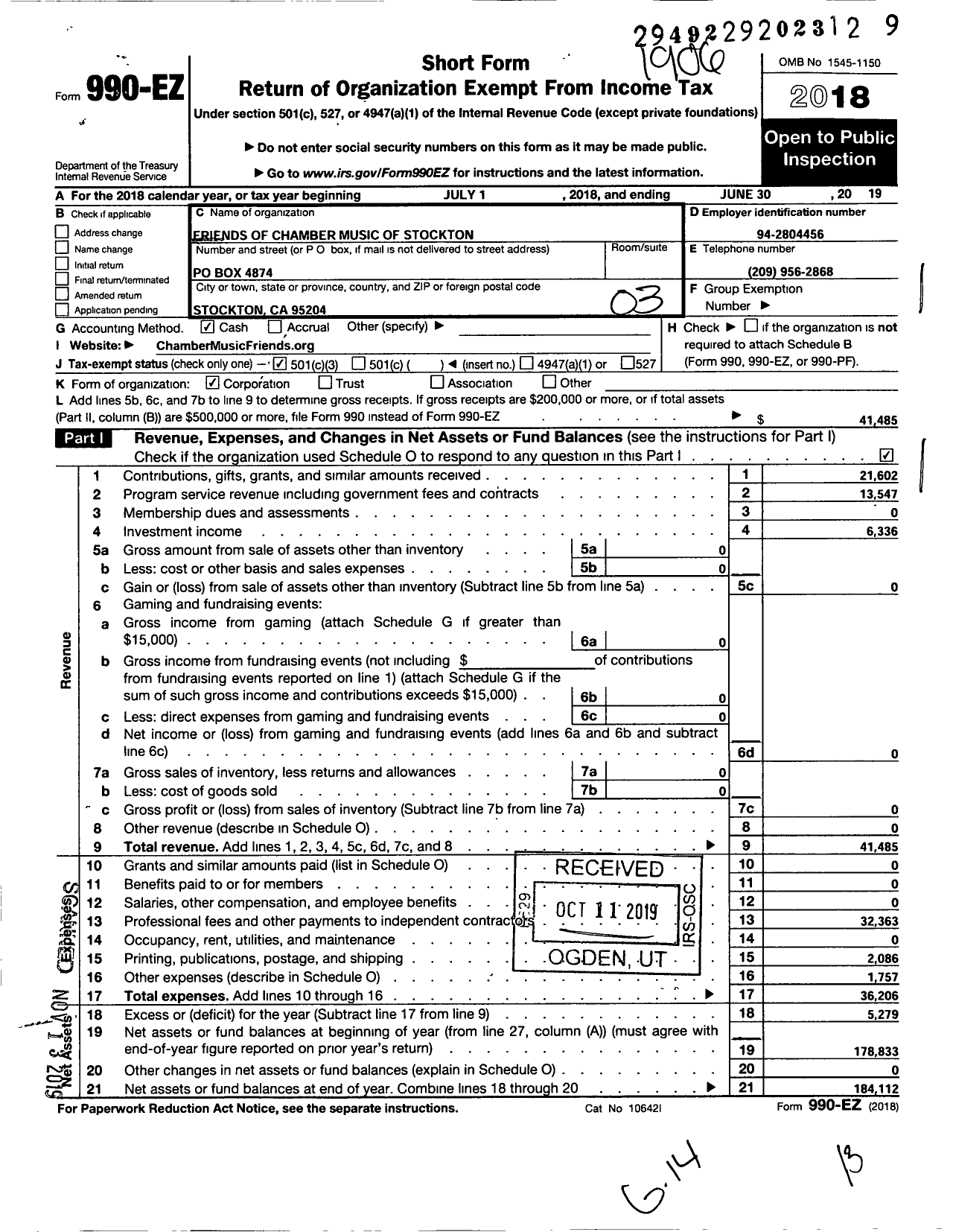 Image of first page of 2018 Form 990EZ for Friends of Chamber Music of Stockton