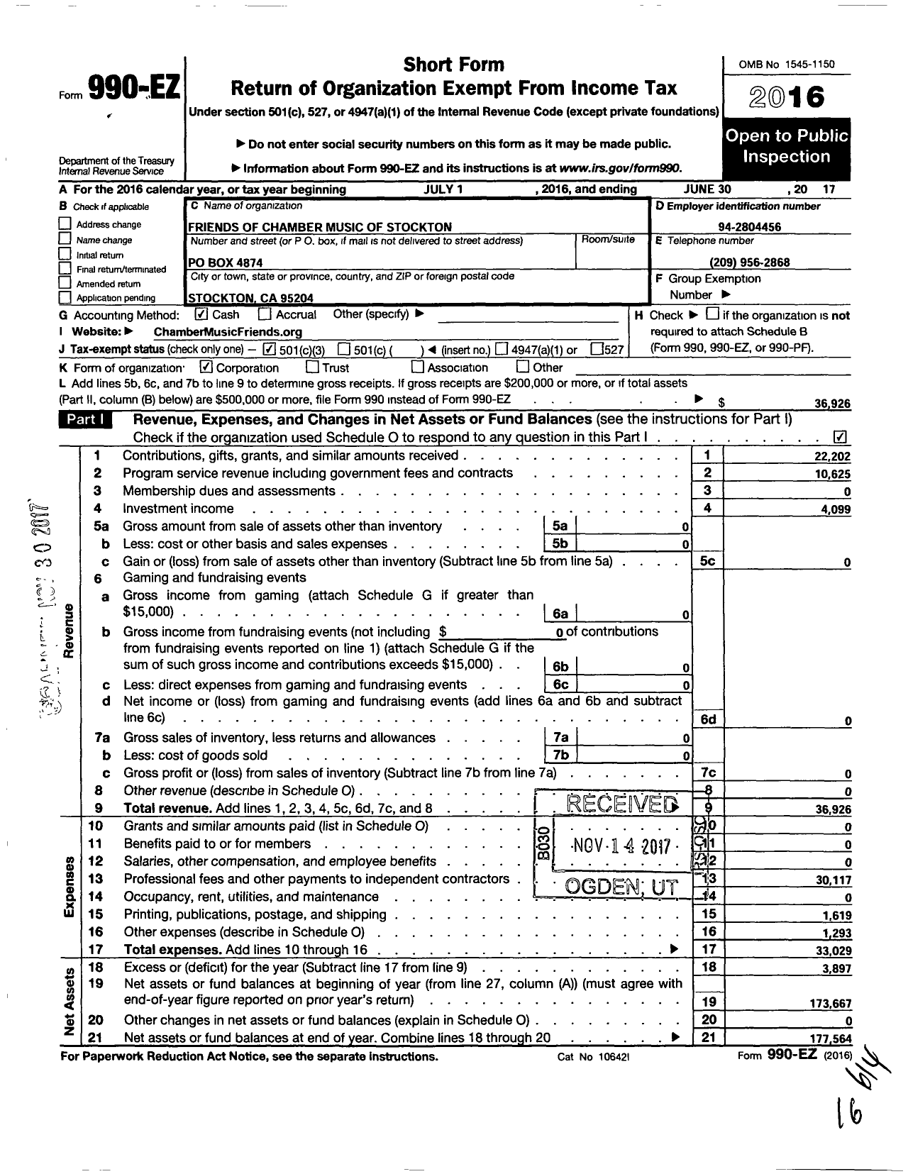 Image of first page of 2016 Form 990EZ for Friends of Chamber Music of Stockton