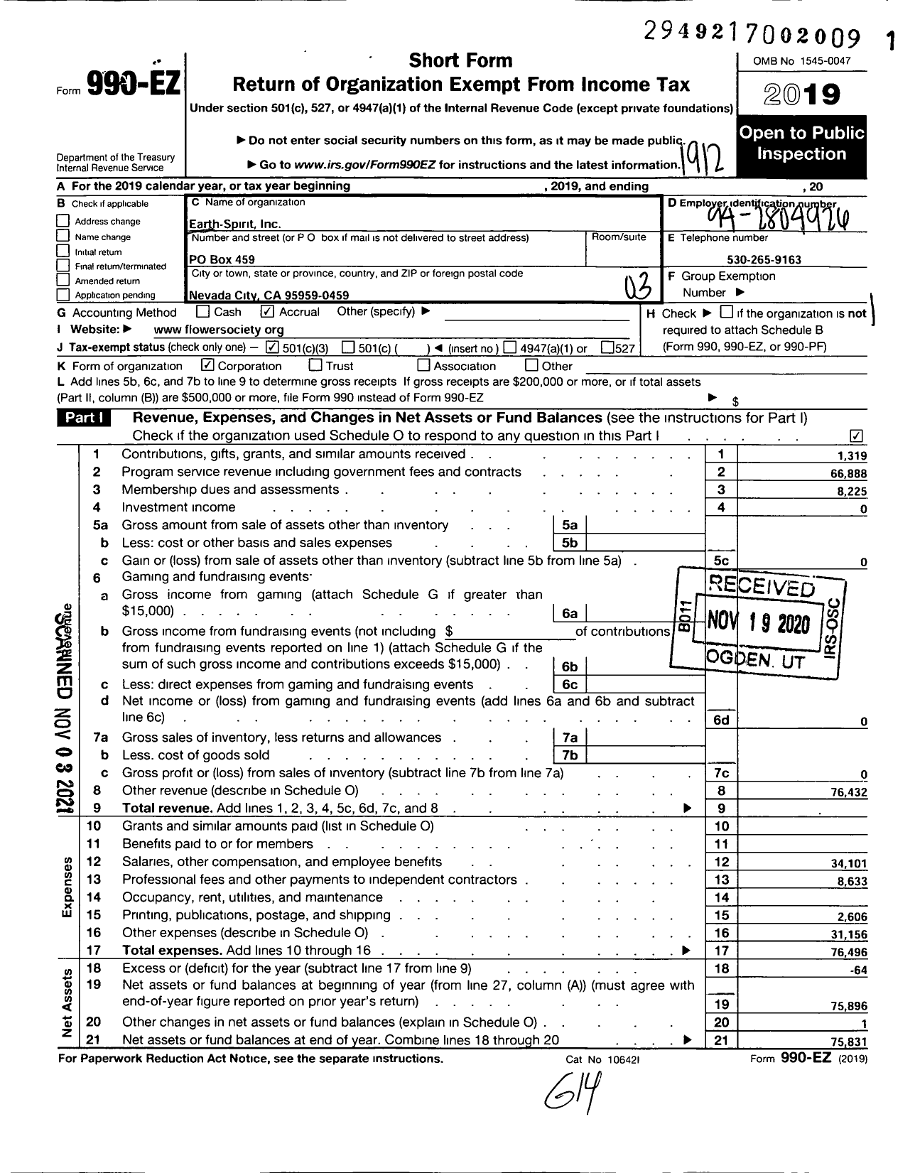 Image of first page of 2019 Form 990EZ for Earth-Spirit