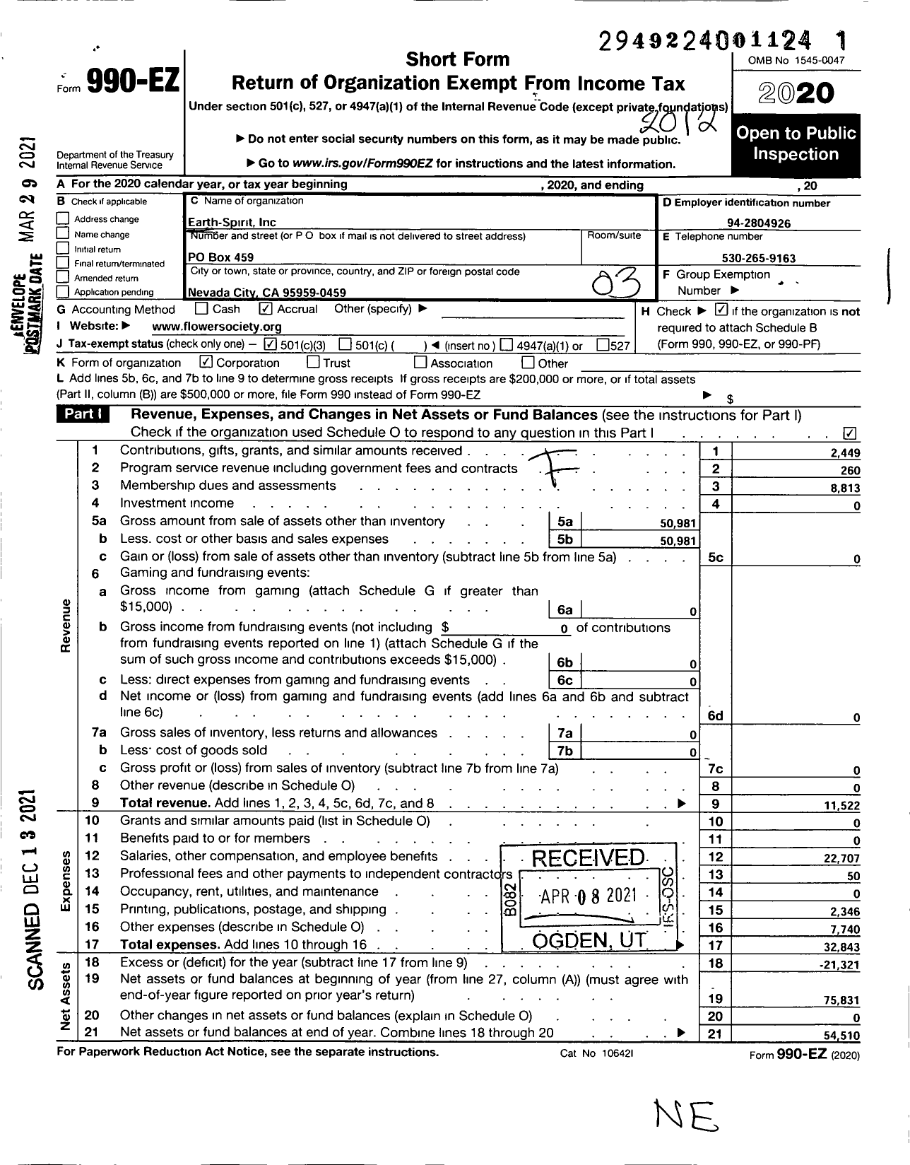 Image of first page of 2020 Form 990EZ for Earth-Spirit