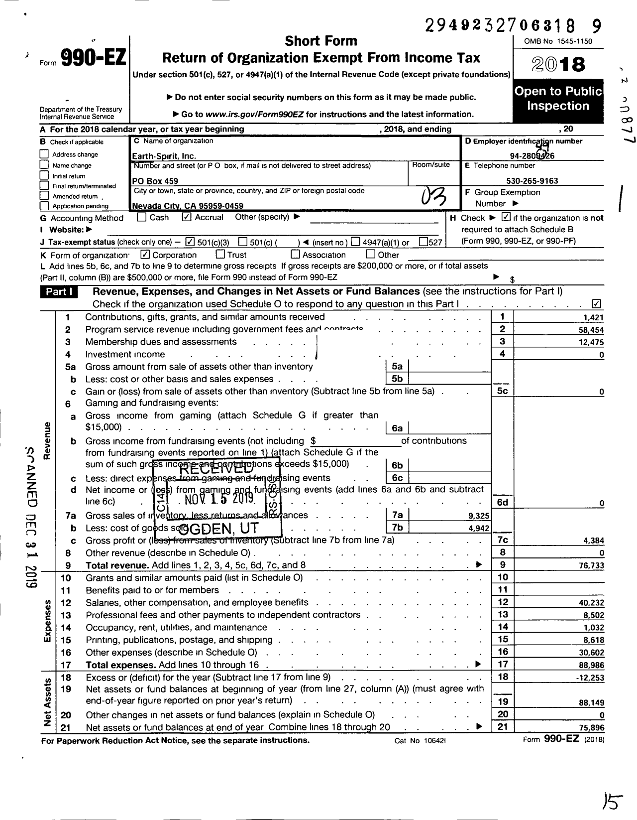 Image of first page of 2018 Form 990EZ for Earth-Spirit