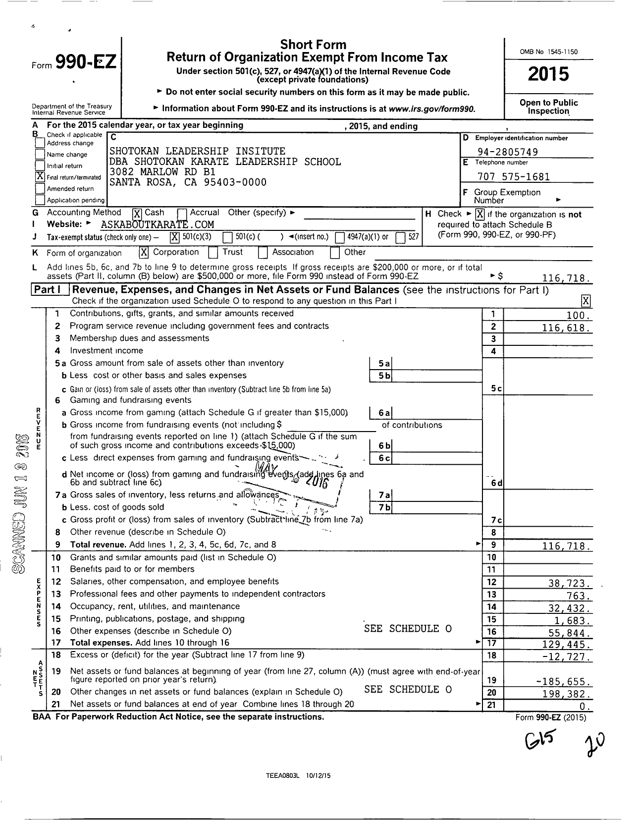 Image of first page of 2015 Form 990EZ for Shotokan Leadership Institute