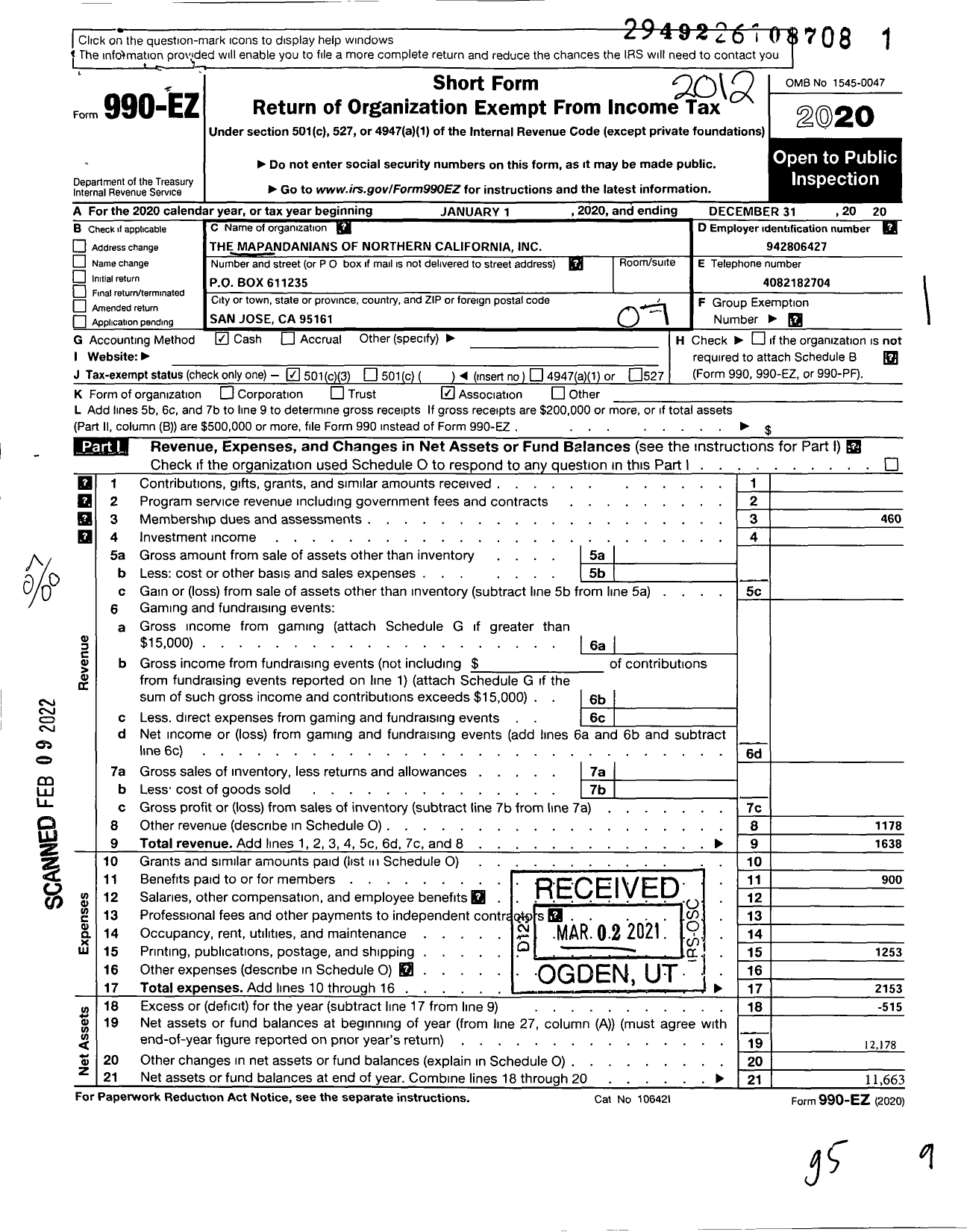 Image of first page of 2020 Form 990EO for Mapandanians of Northern California