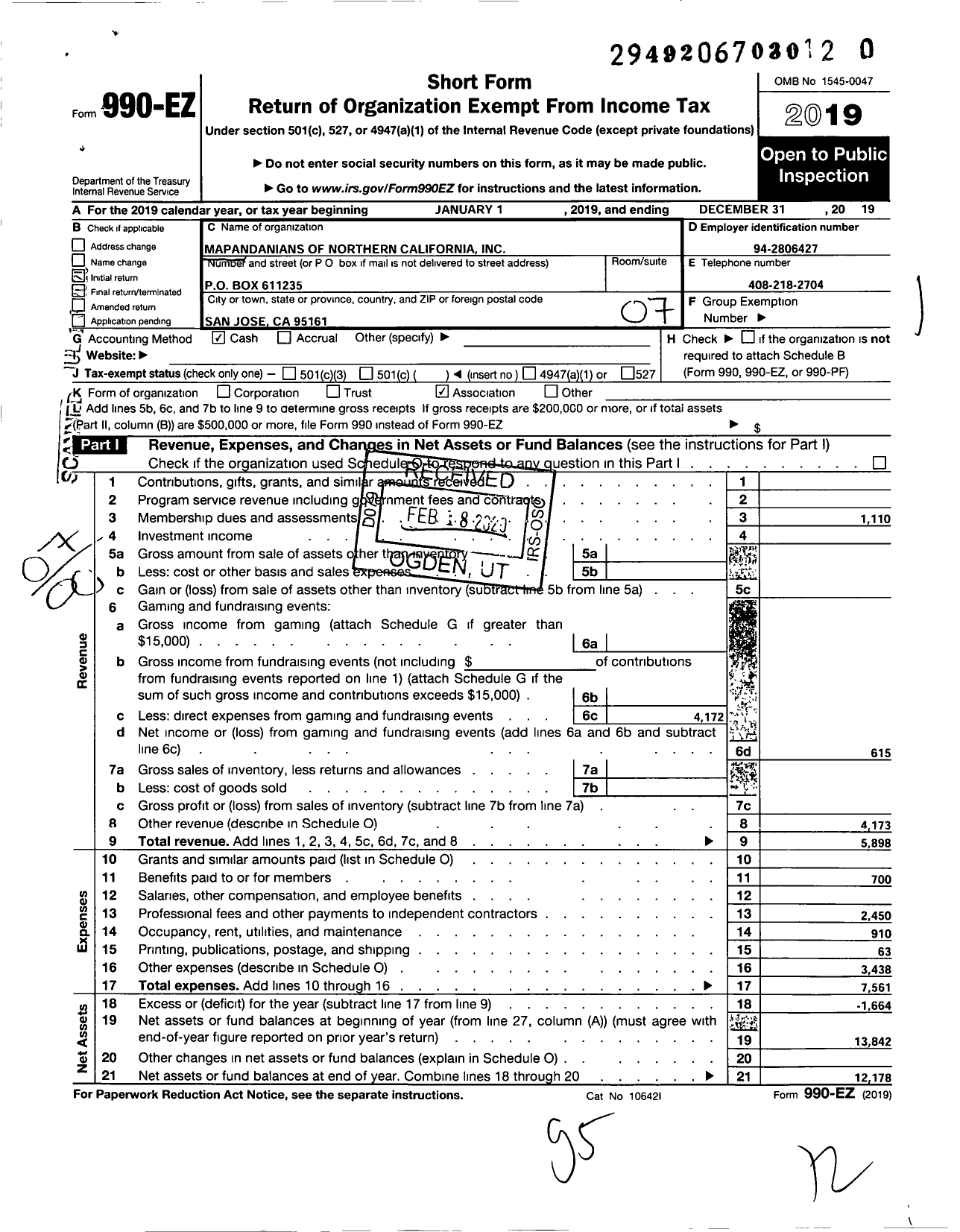 Image of first page of 2019 Form 990EO for Mapandanians of Northern California