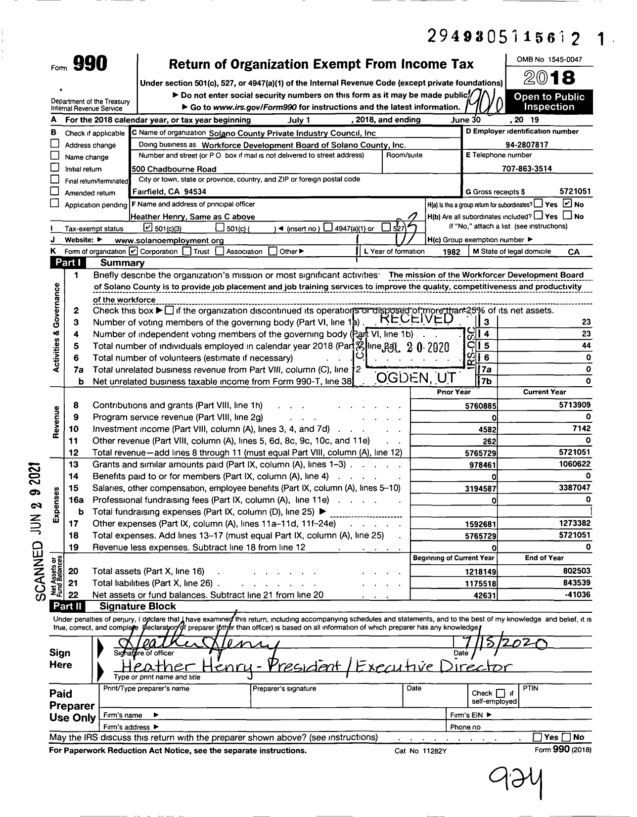 Image of first page of 2018 Form 990 for Workforce Development Board of Solano County