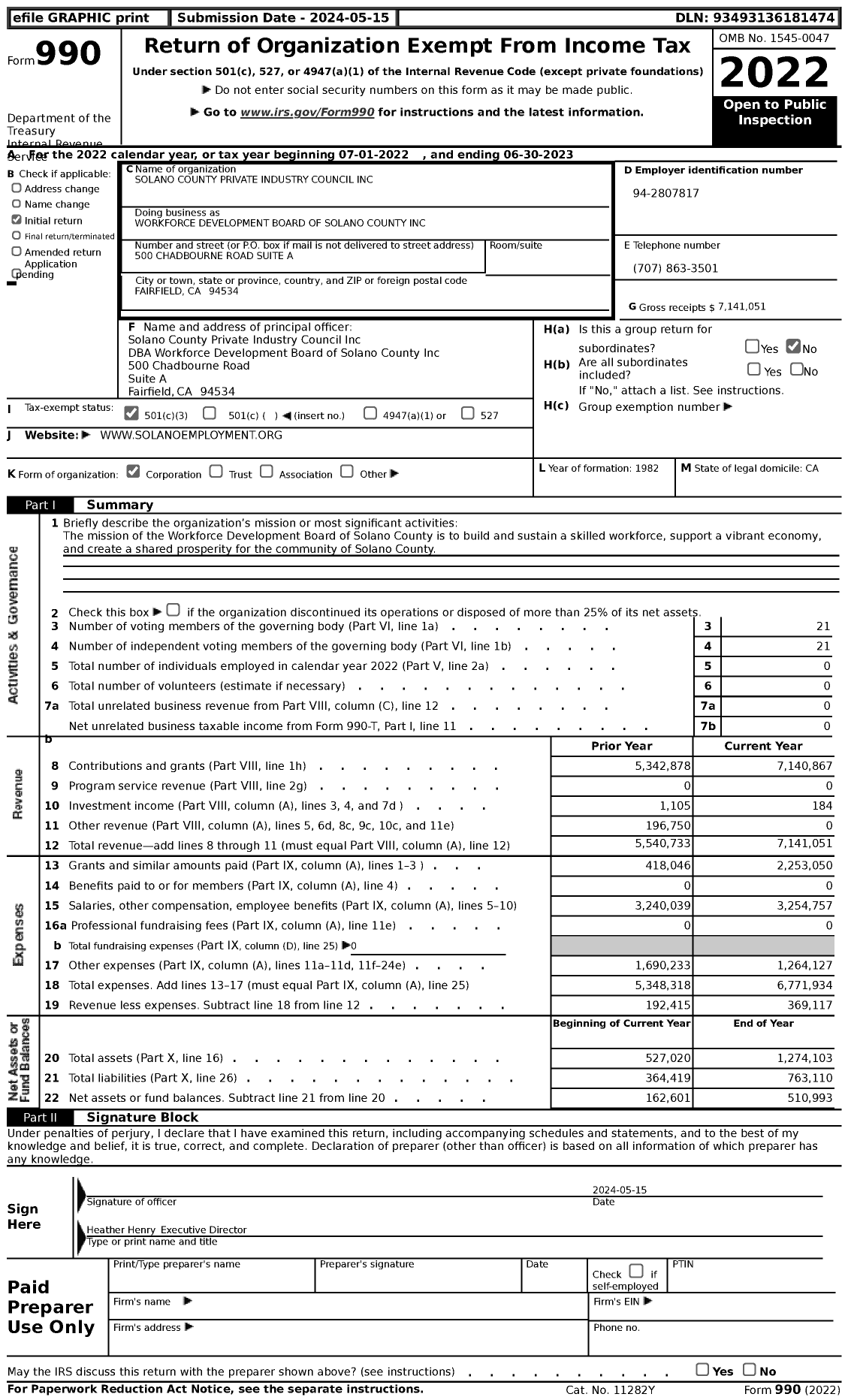 Image of first page of 2022 Form 990 for Workforce Development Board of Solano County