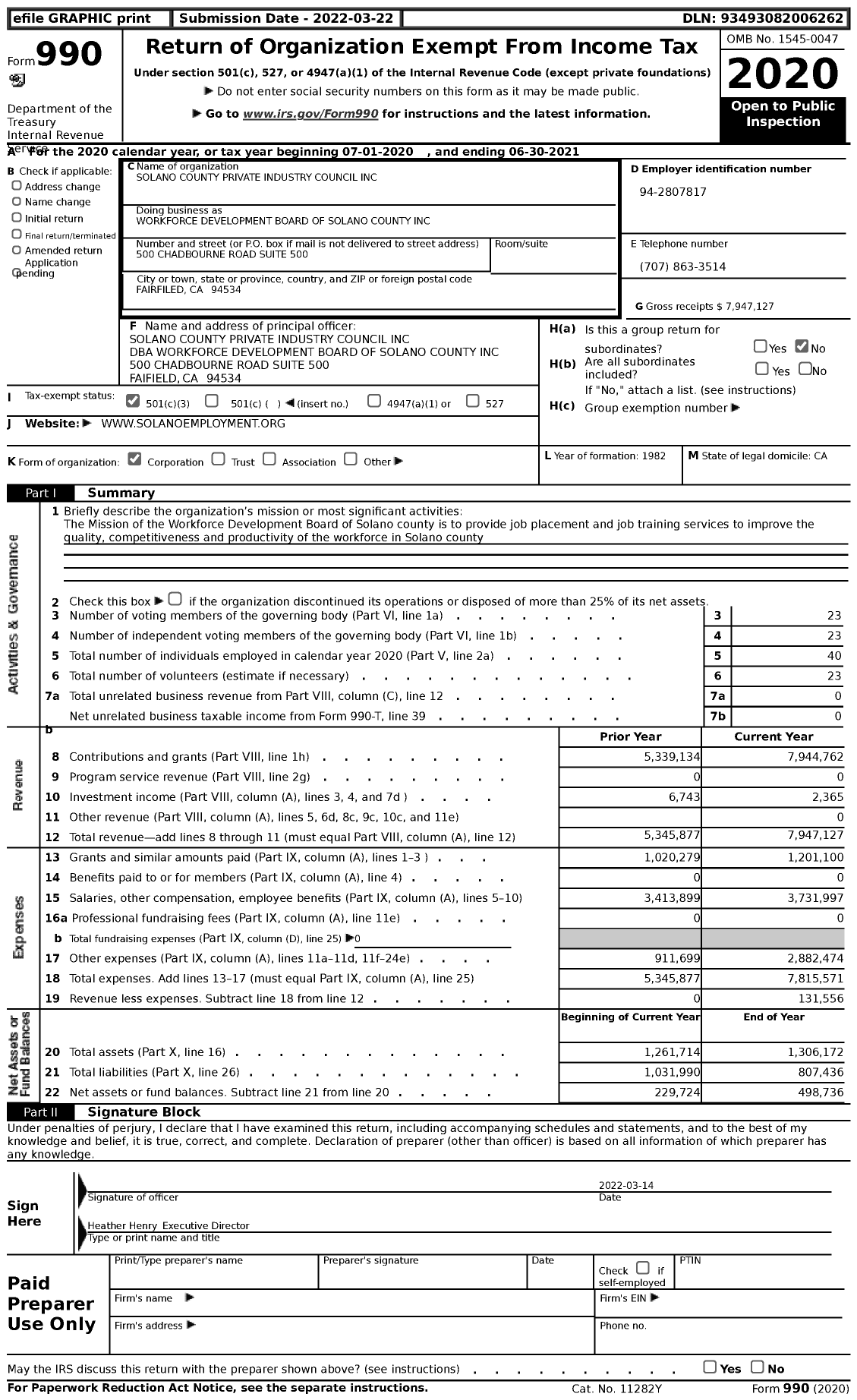 Image of first page of 2020 Form 990 for Workforce Development Board of Solano County