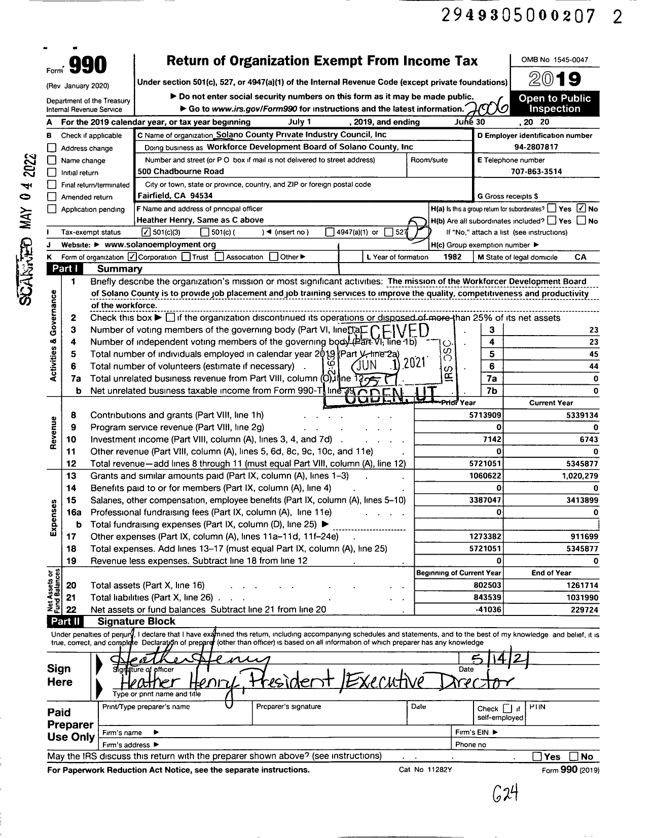 Image of first page of 2019 Form 990 for Workforce Development Board of Solano County