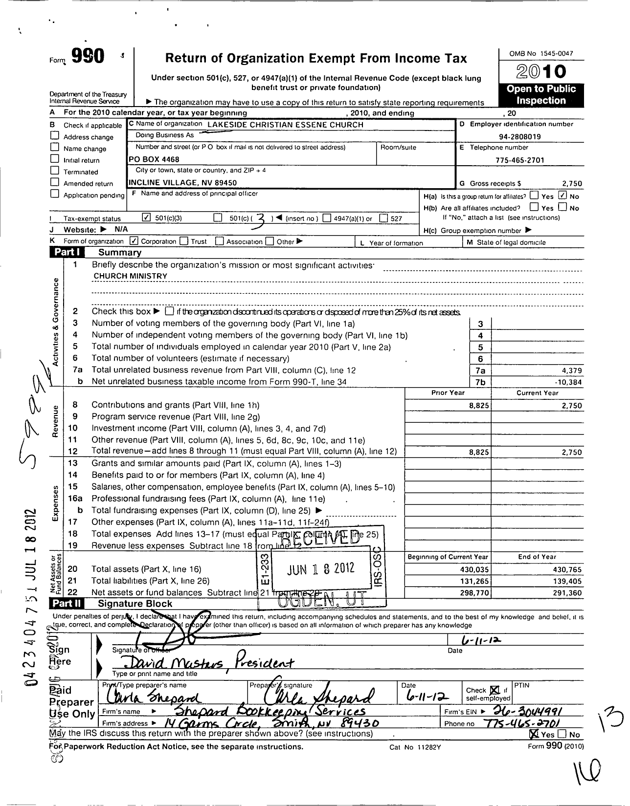 Image of first page of 2010 Form 990 for Lakeside Christian Essene Church