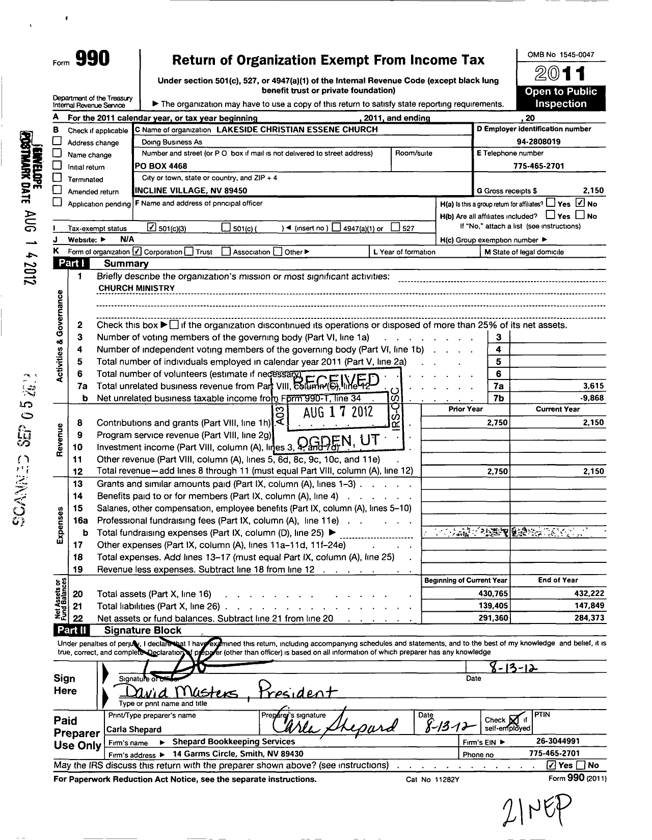 Image of first page of 2011 Form 990 for Lakeside Christian Essene Church