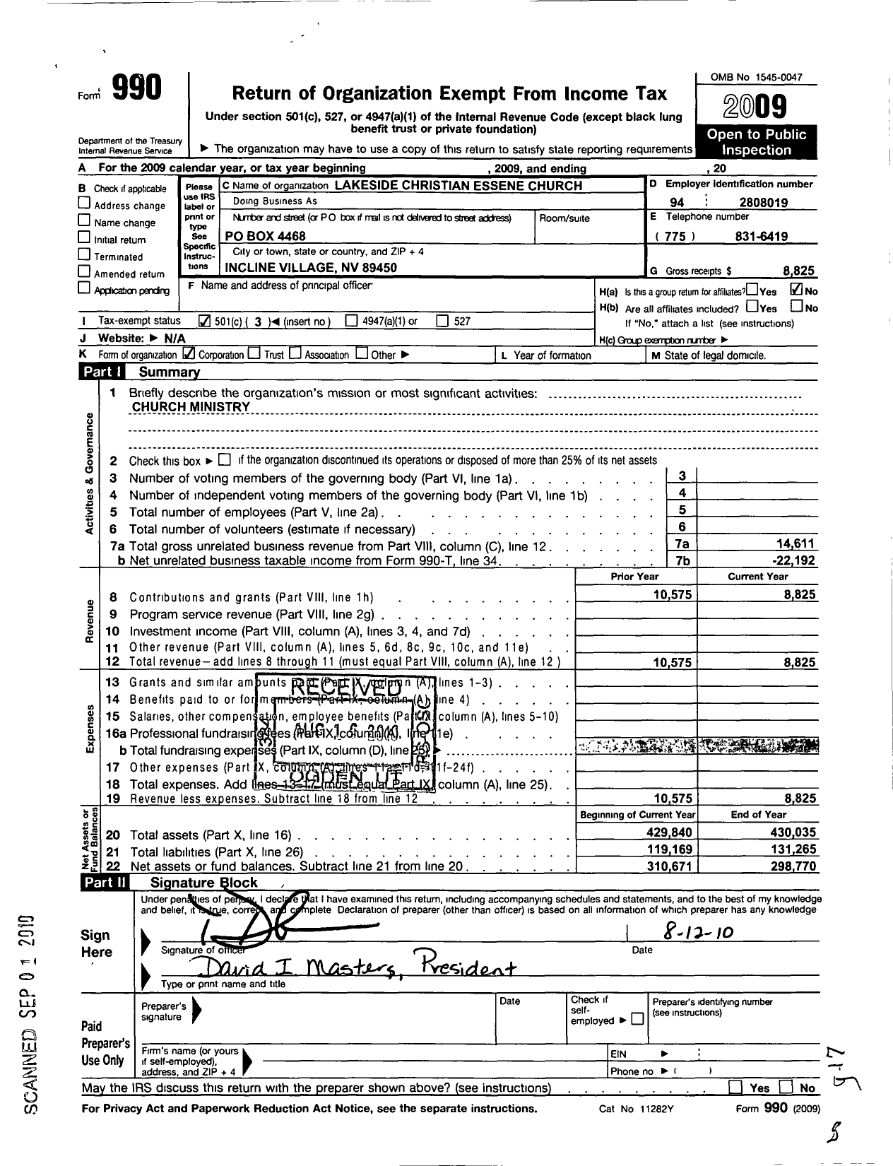 Image of first page of 2009 Form 990 for Lakeside Christian Essene Church