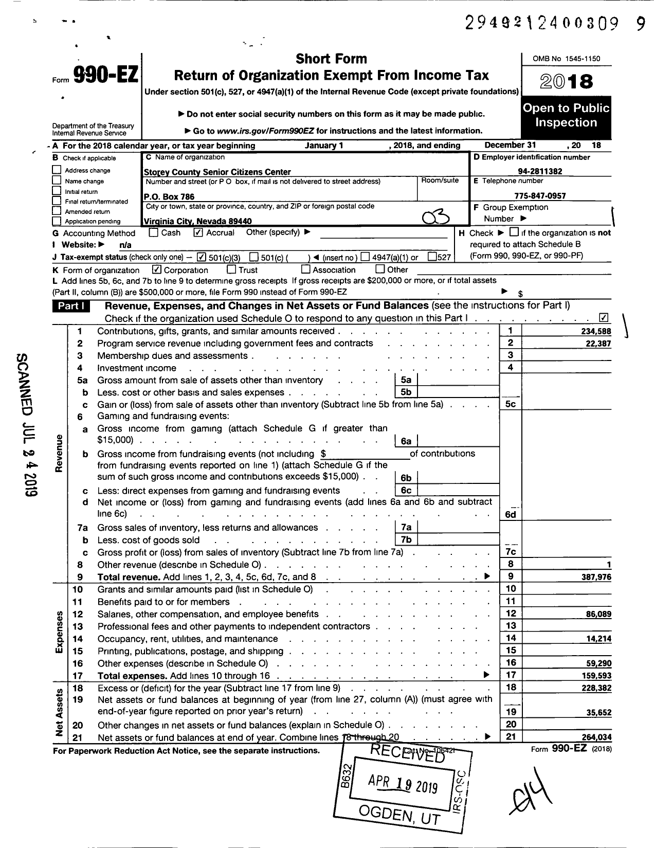 Image of first page of 2018 Form 990EZ for Storey County Senior Citizens Center