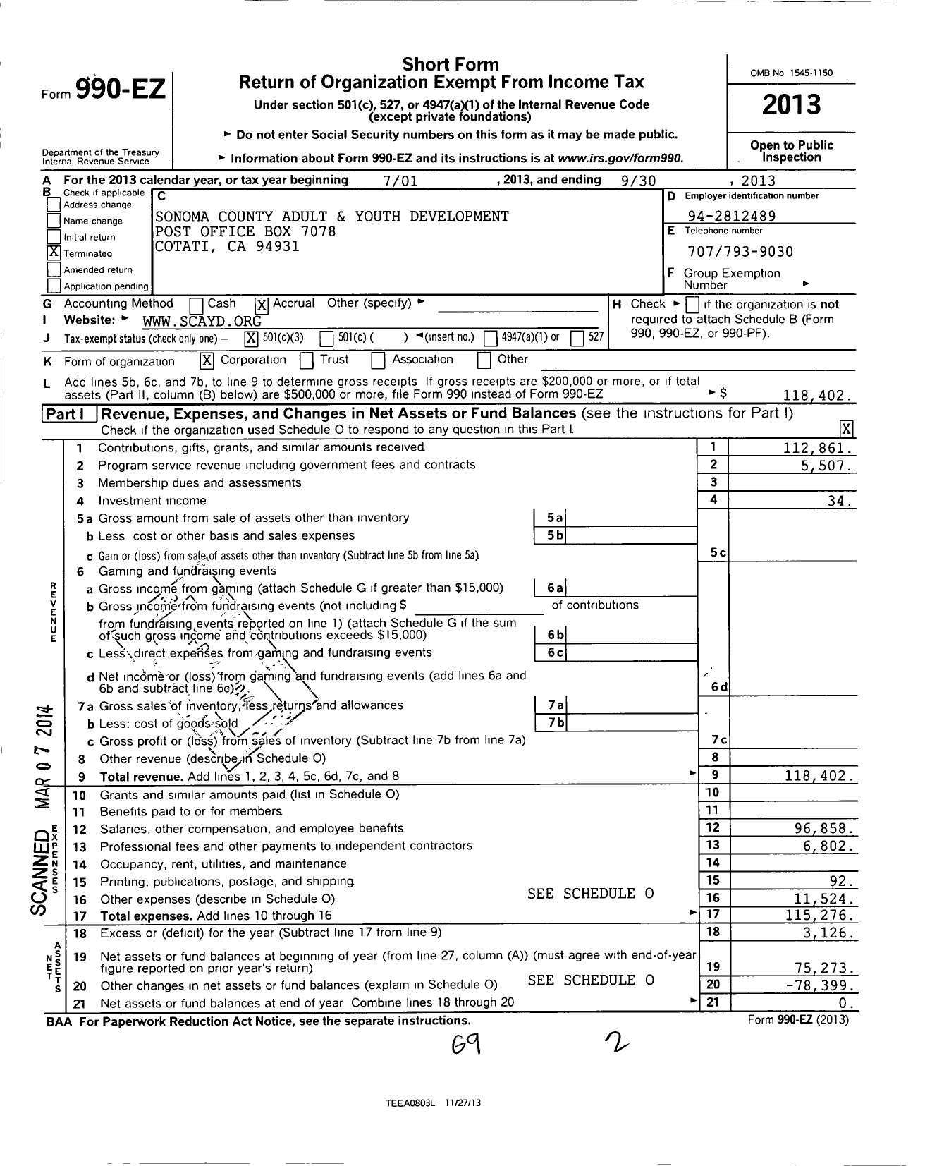 Image of first page of 2012 Form 990EZ for Sonoma County Adult and Youth Development