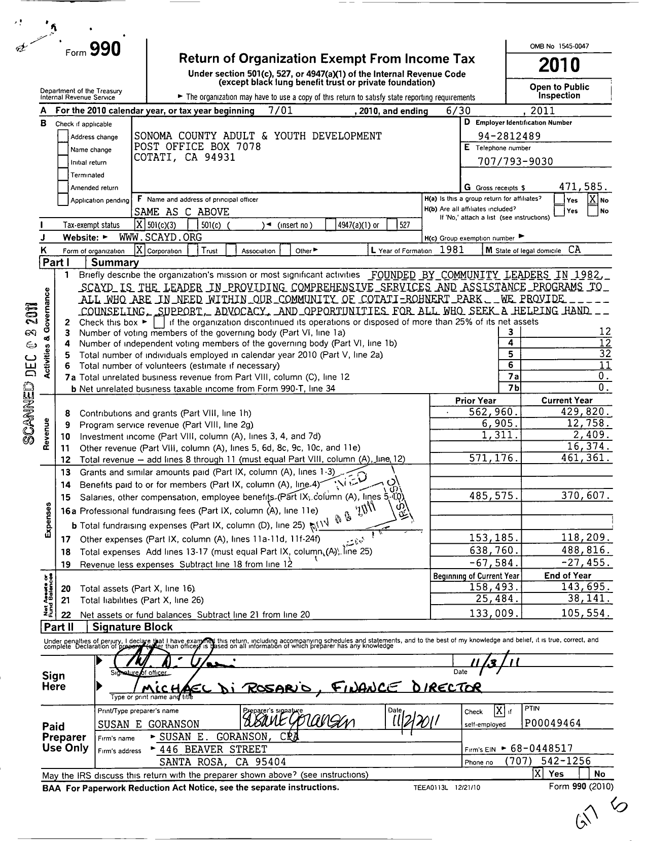 Image of first page of 2010 Form 990 for Sonoma County Adult and Youth Development
