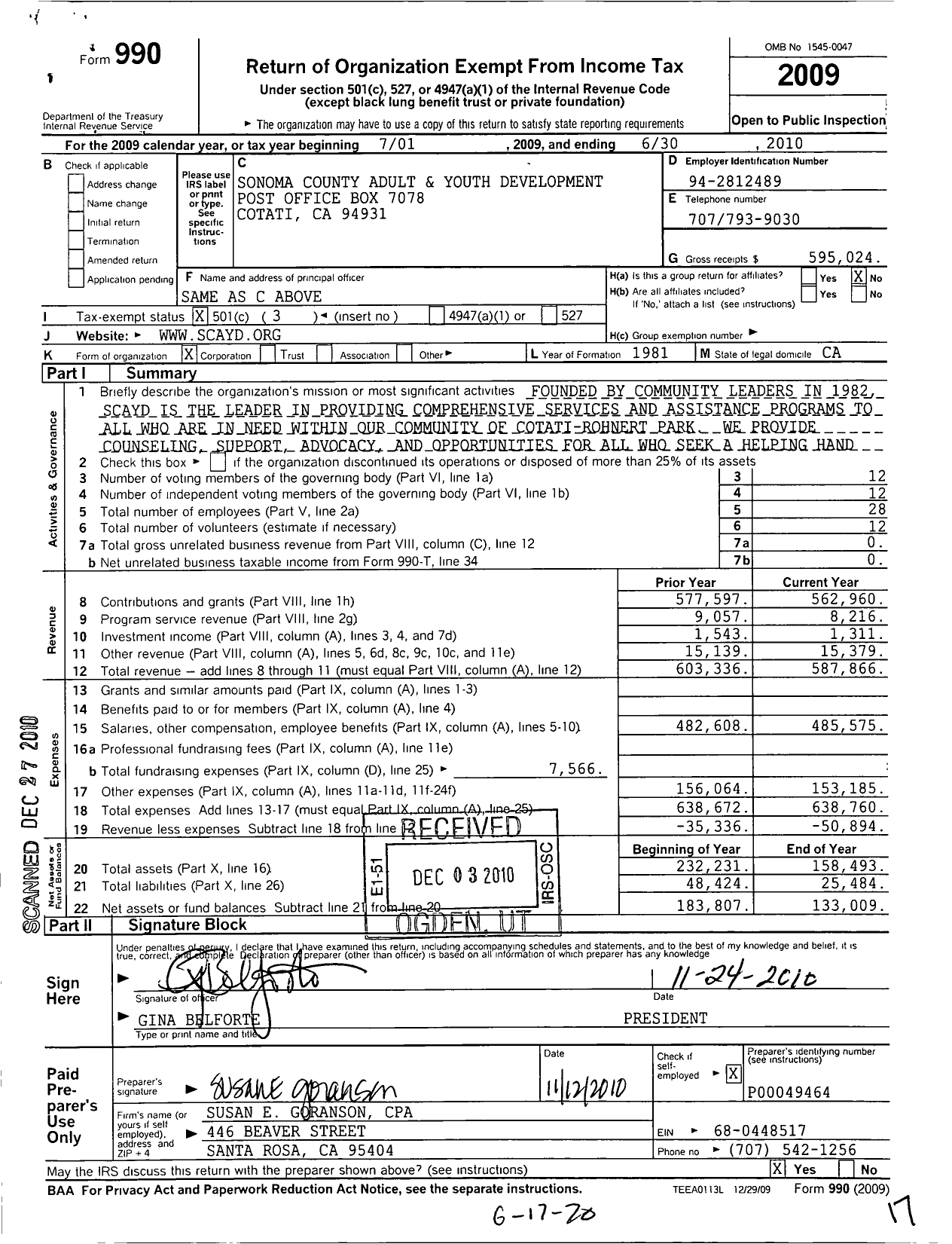 Image of first page of 2009 Form 990 for Sonoma County Adult and Youth Development
