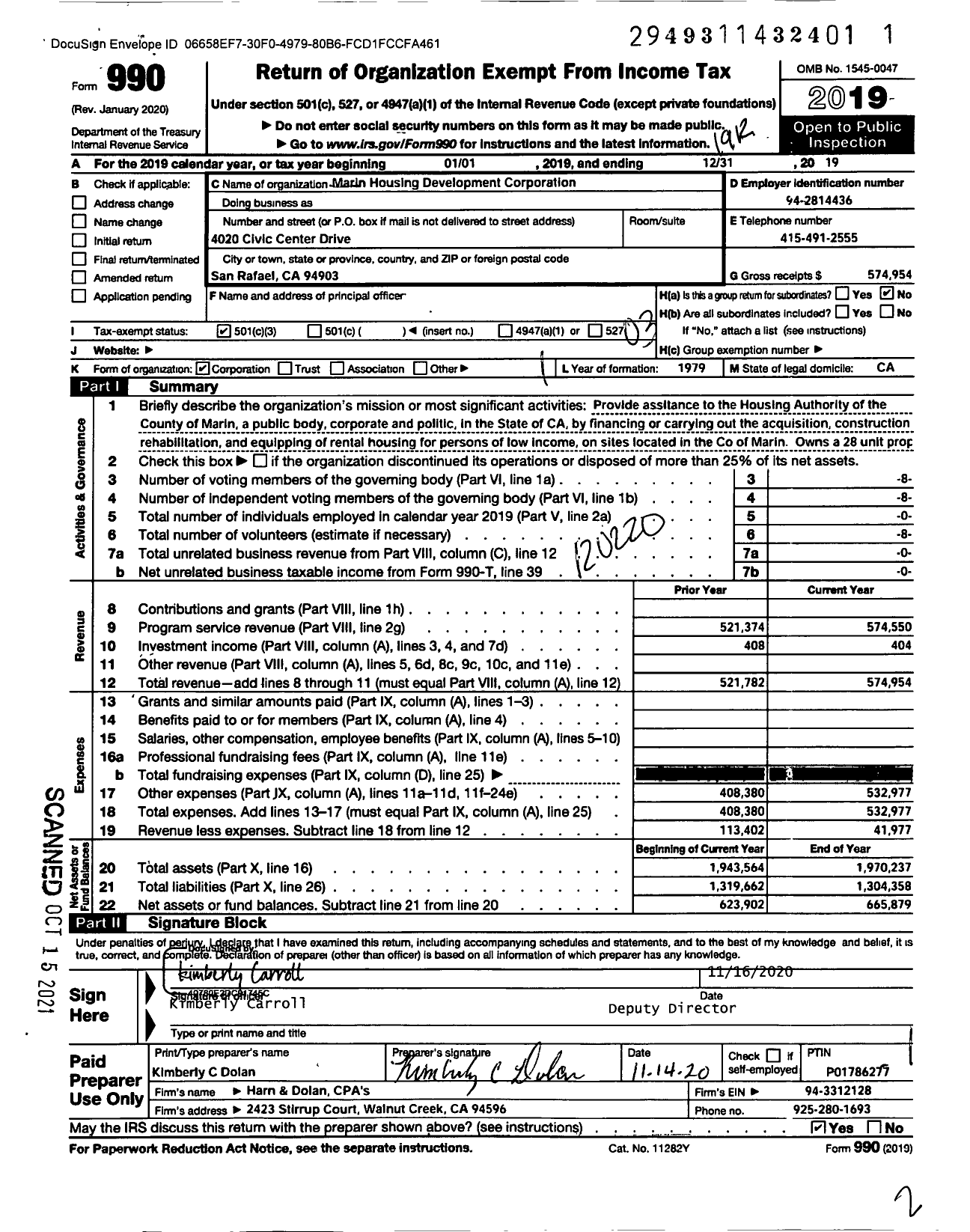 Image of first page of 2019 Form 990 for Marin Housing Development Corporation