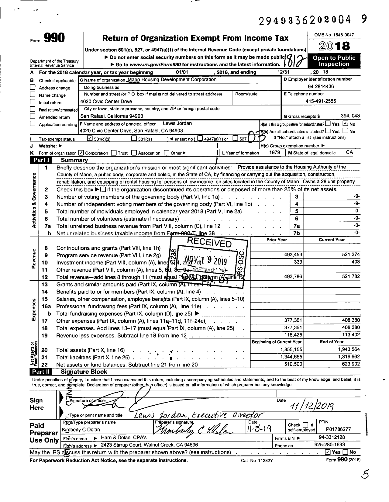 Image of first page of 2018 Form 990 for Marin Housing Development Corporation