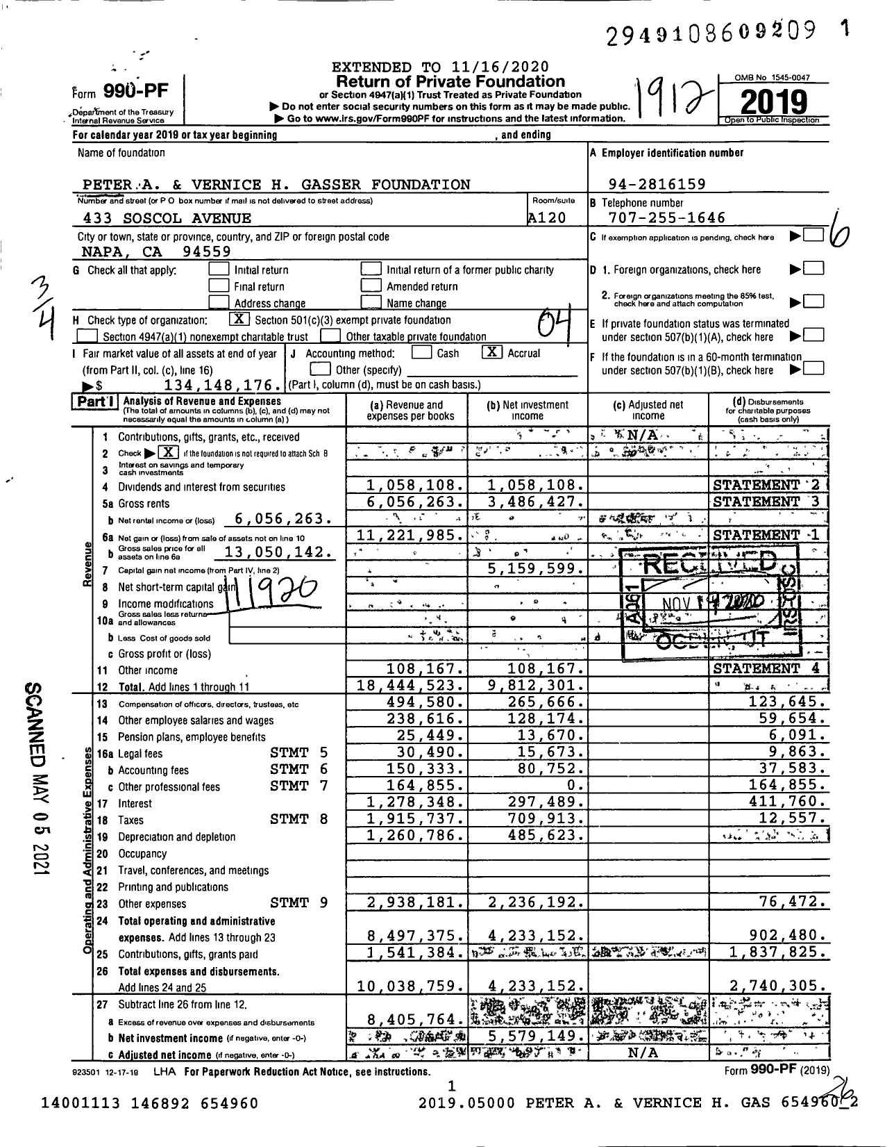 Image of first page of 2019 Form 990PF for Peter A and Vernice H Gasser Foundation