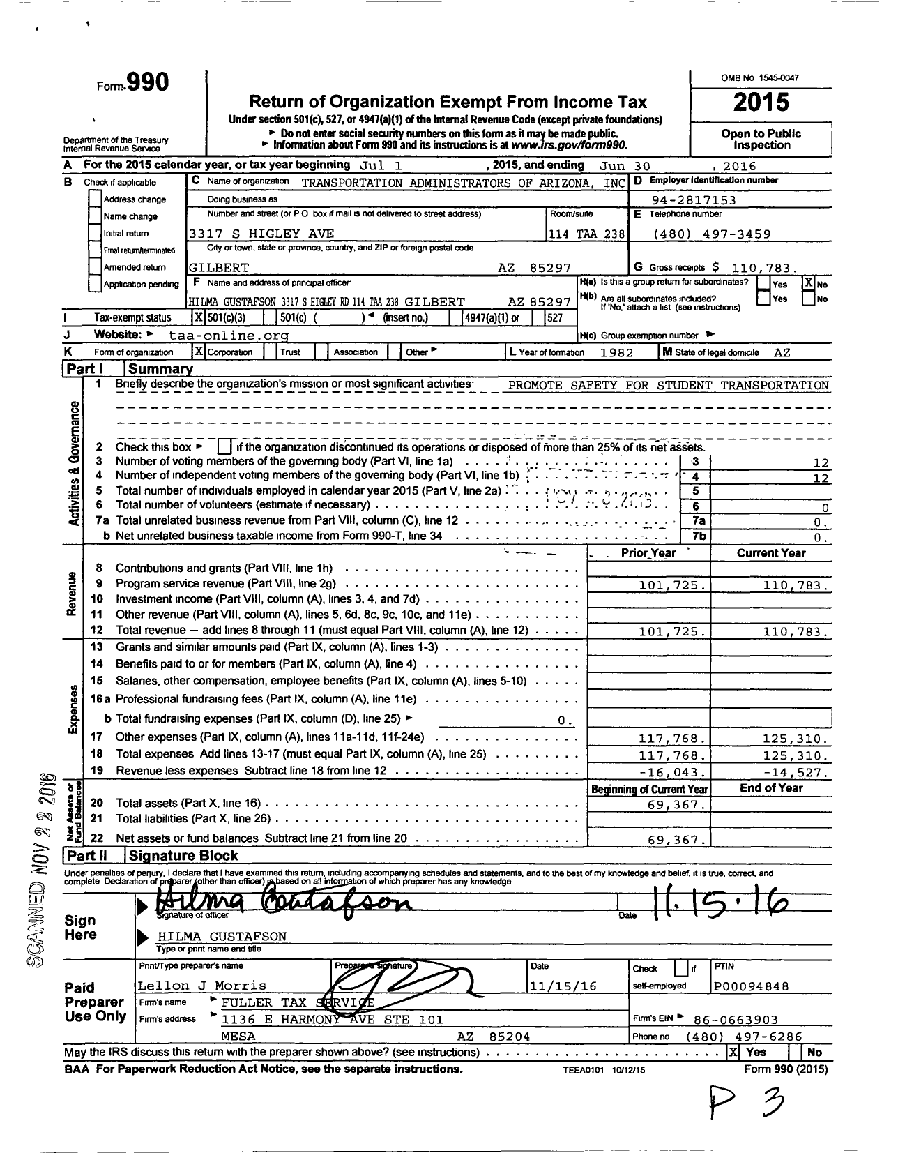 Image of first page of 2015 Form 990 for Transportation Administrators of Arizona