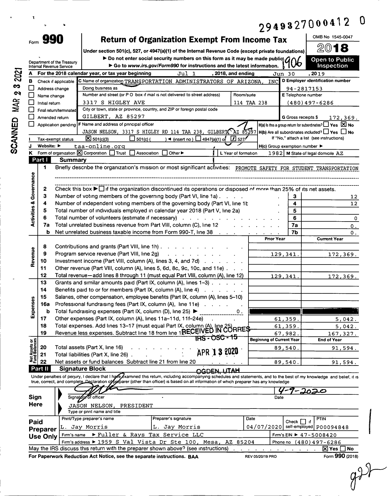 Image of first page of 2018 Form 990 for Transportation Administrators of Arizona