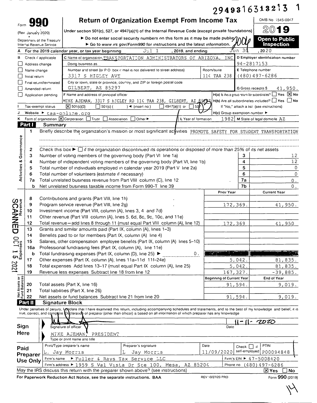 Image of first page of 2019 Form 990 for Transportation Administrators of Arizona