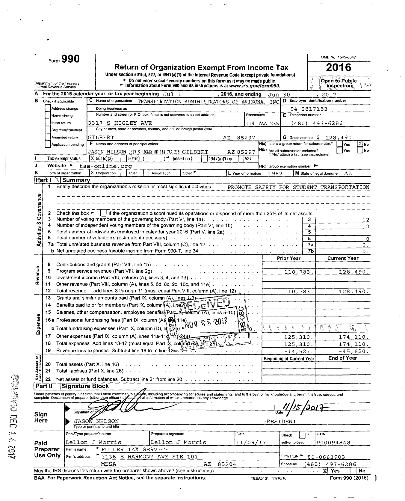 Image of first page of 2016 Form 990 for Transportation Administrators of Arizona