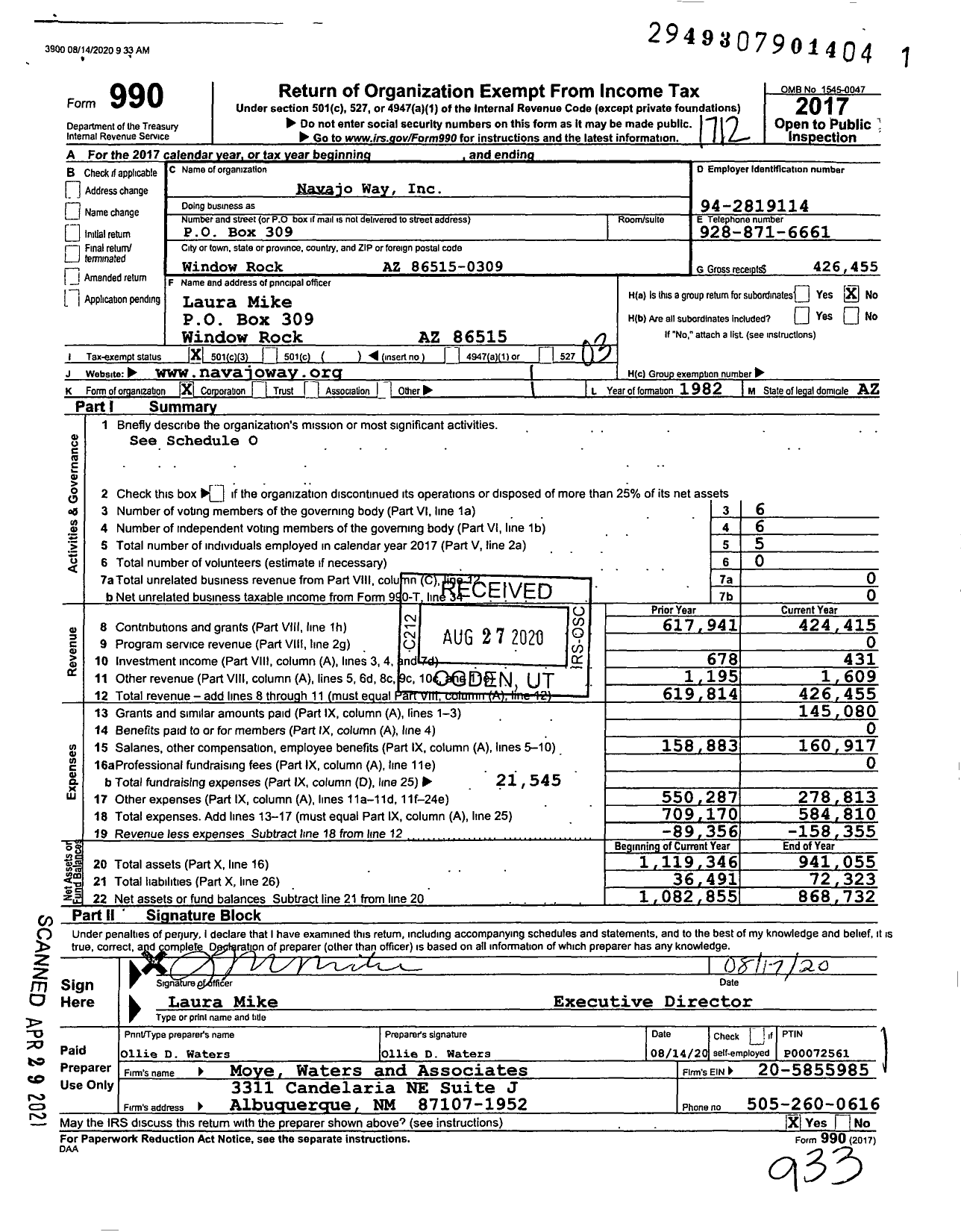 Image of first page of 2017 Form 990 for Navajo Way