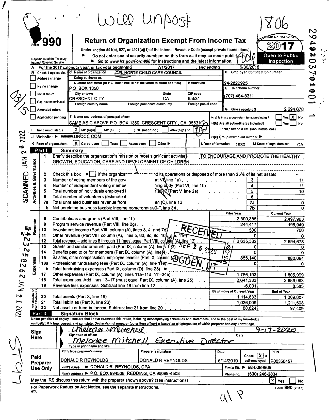 Image of first page of 2017 Form 990 for Del Norte Child Care Council