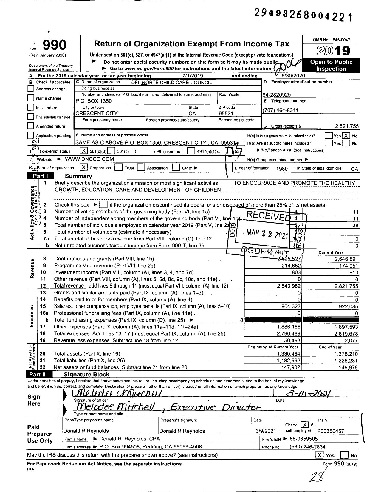 Image of first page of 2019 Form 990 for Del Norte Child Care Council