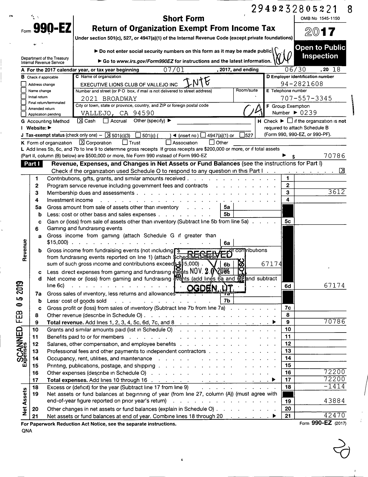 Image of first page of 2017 Form 990EO for Lions Clubs - Vallejo Executive Lions Dist 4 C2