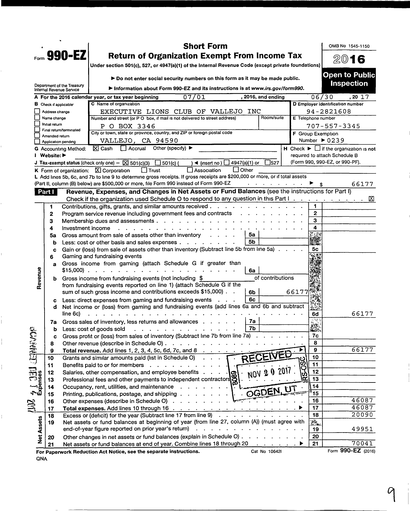 Image of first page of 2016 Form 990EZ for Lions Clubs - Vallejo Executive Lions Dist 4 C2