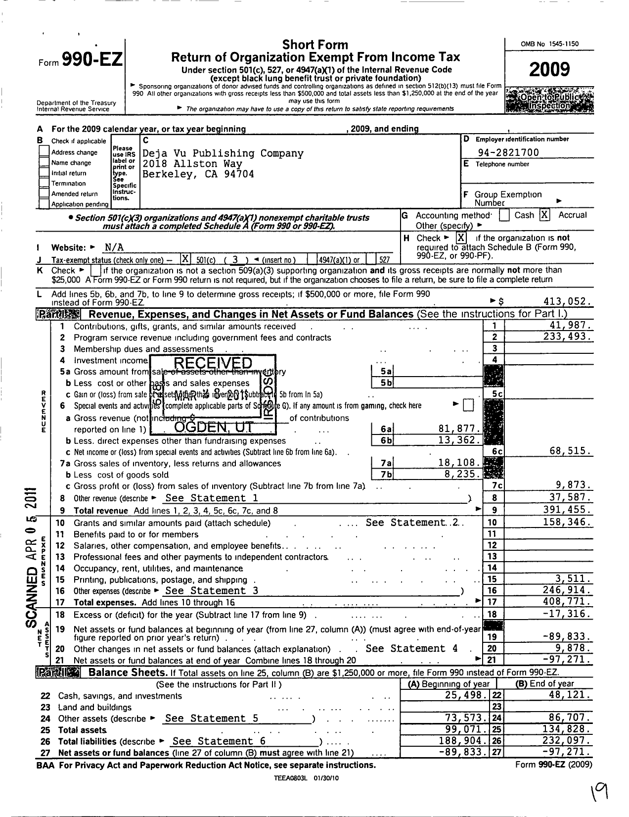 Image of first page of 2009 Form 990EZ for Deja Vu Publishing Co