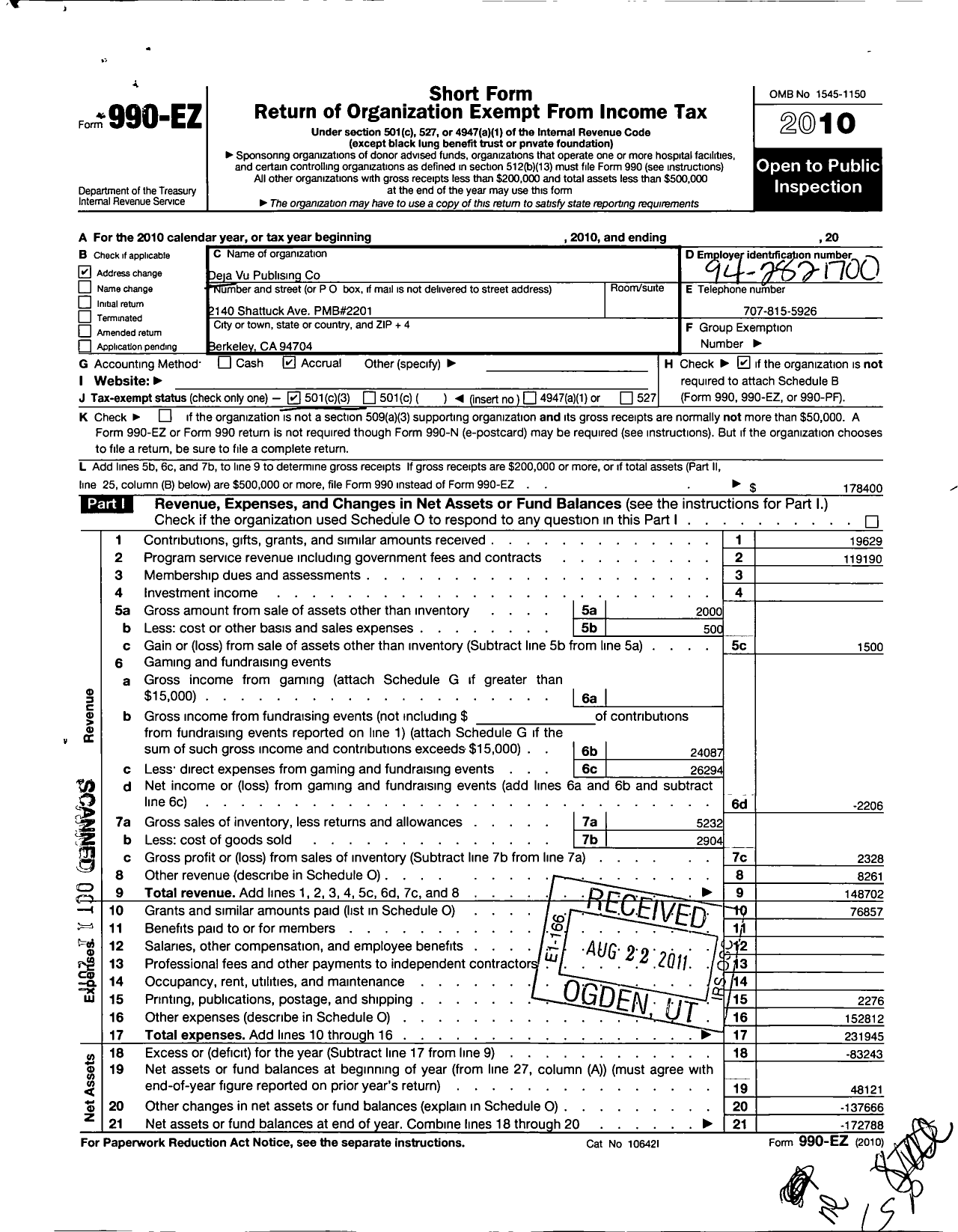 Image of first page of 2010 Form 990EZ for Deja Vu Publishing Co