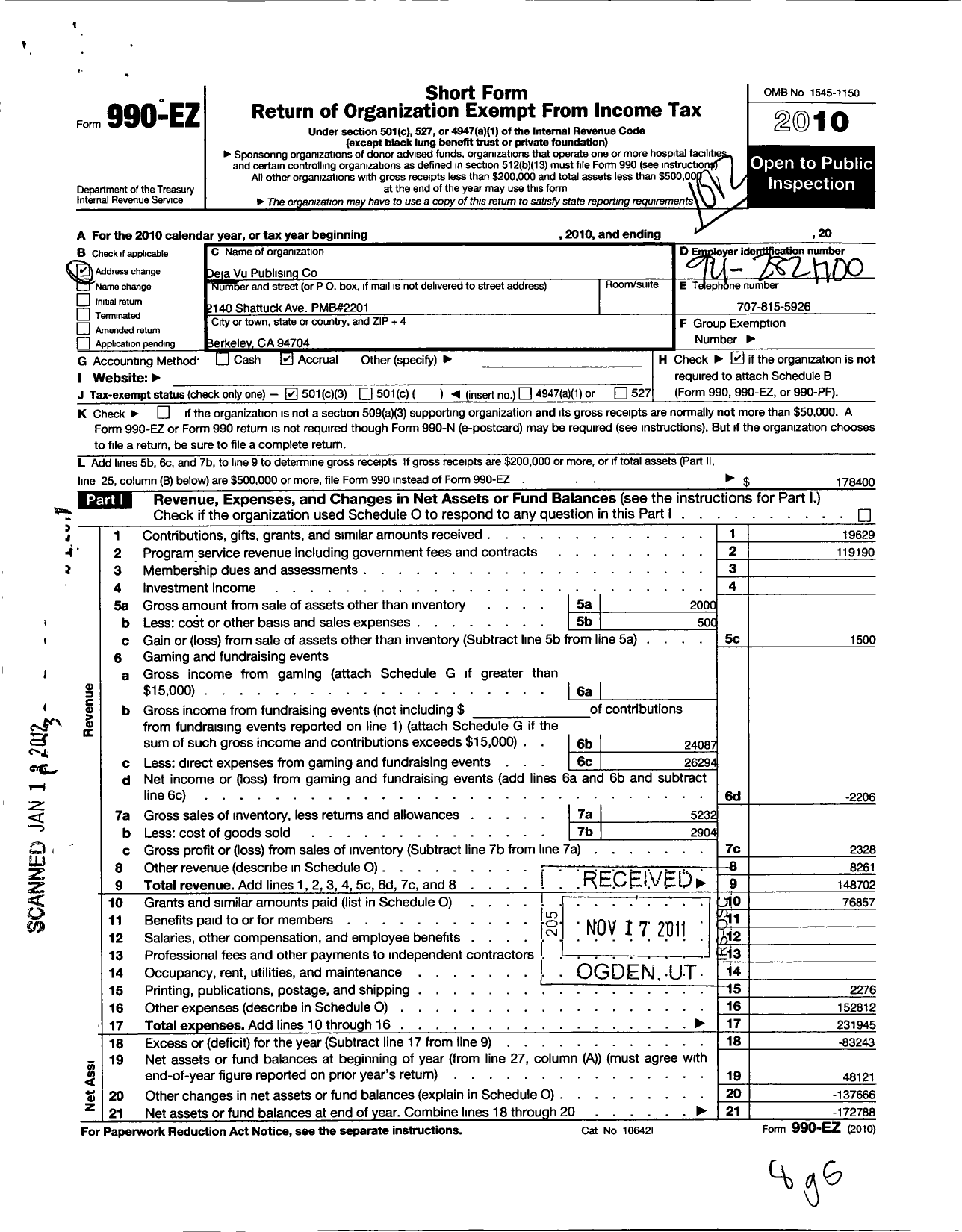 Image of first page of 2010 Form 990EZ for Deja Vu Publishing Co