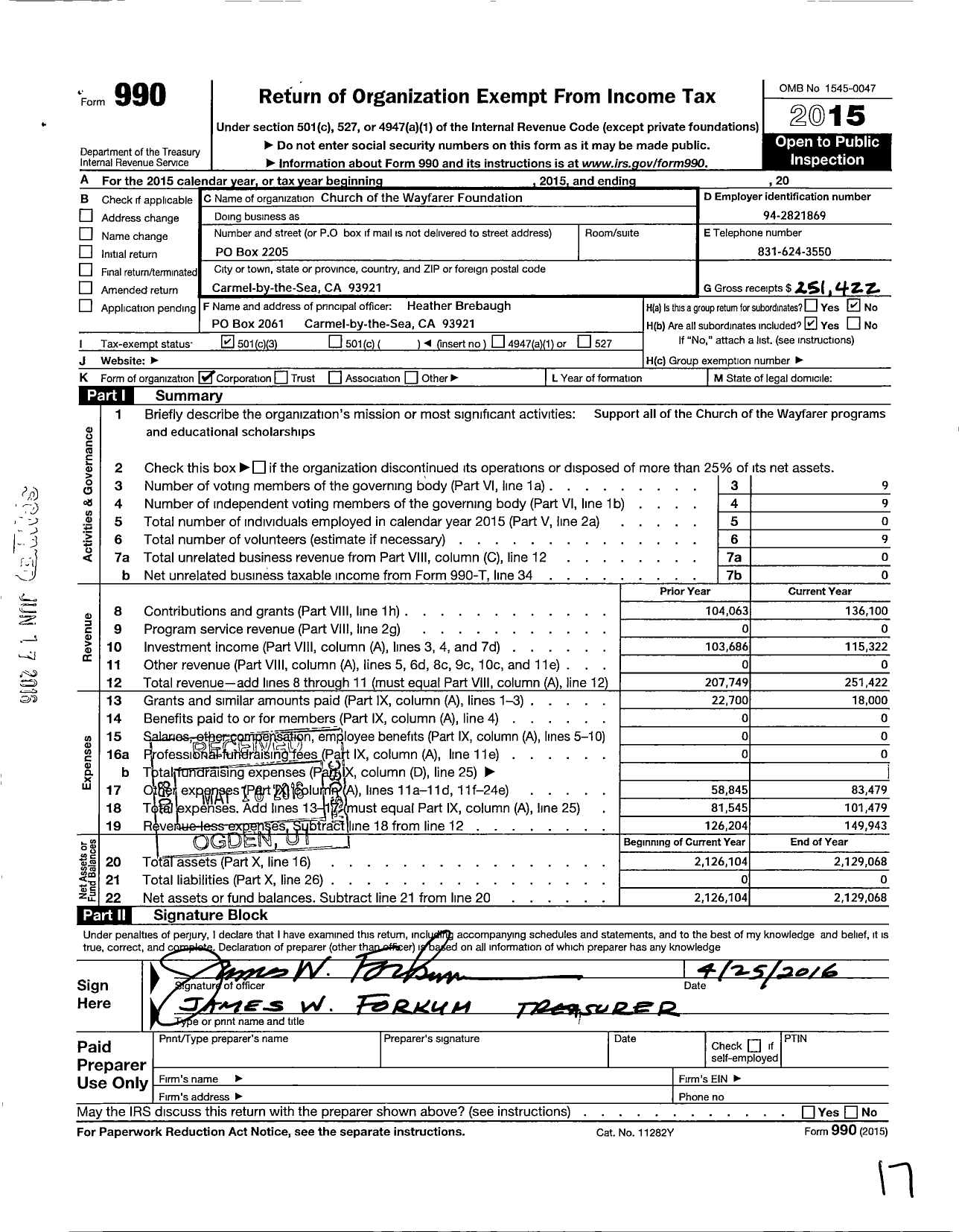 Image of first page of 2015 Form 990 for Church of the Wayfarer Foundation