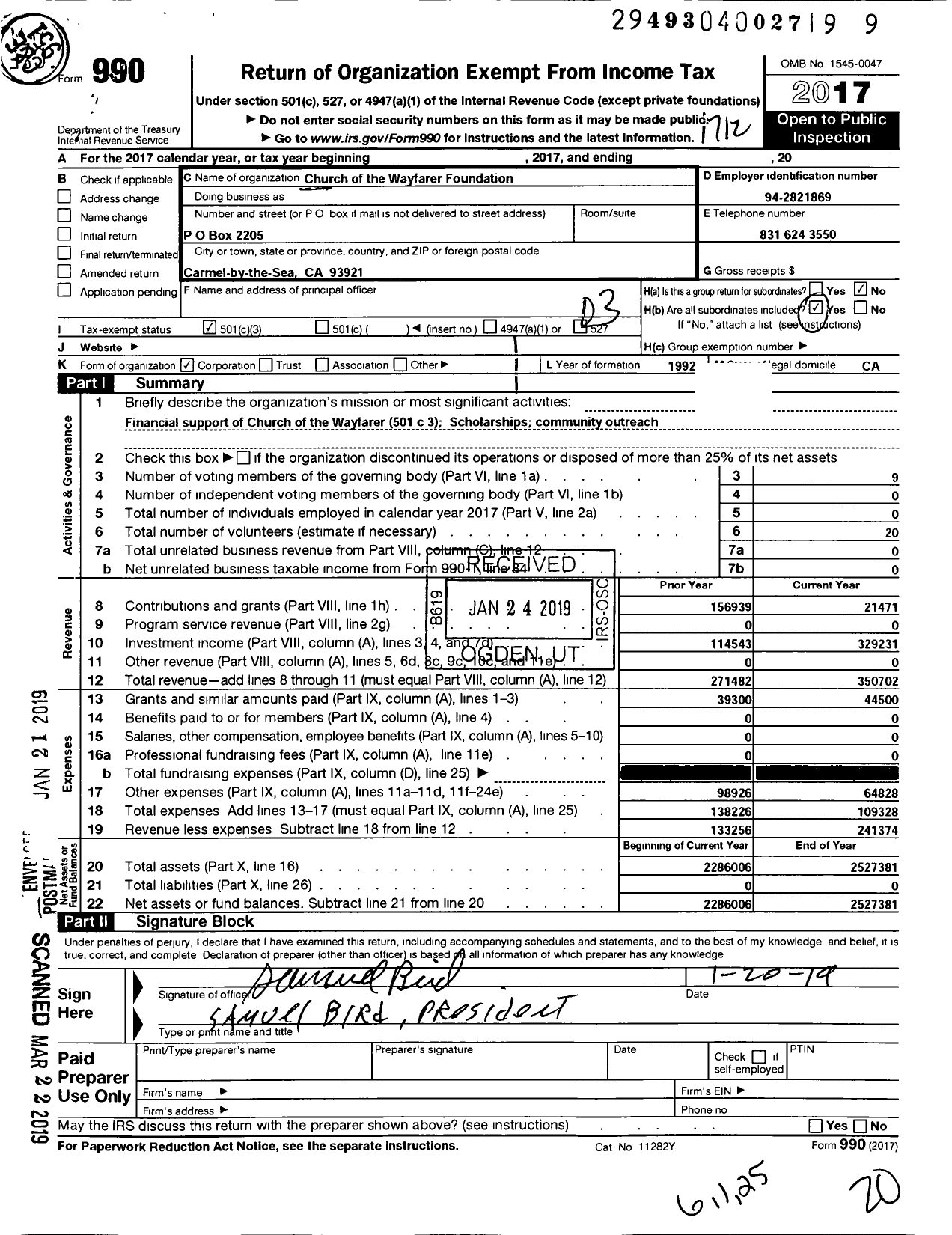 Image of first page of 2017 Form 990 for Church of the Wayfarer Foundation